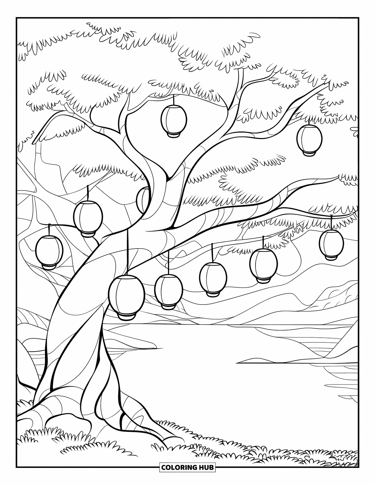 Desen de colorat cu copac pentru copii: Un copac cu felinare atârnate, așezat lângă un lac senin și verdeață