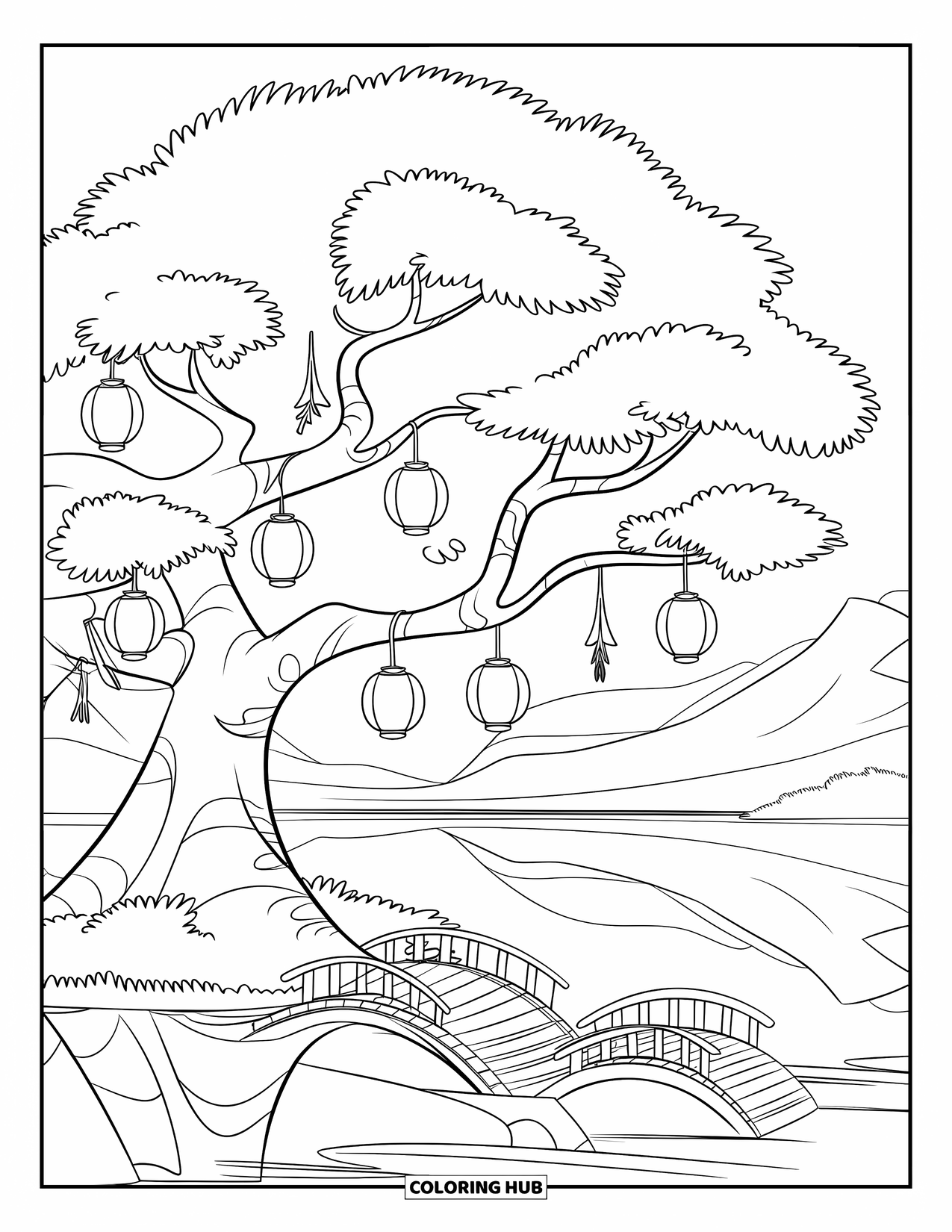 Desen de colorat cu copac pentru copii: Un copac cu felinare atârnate, amplasat lângă un lac liniștit și munți