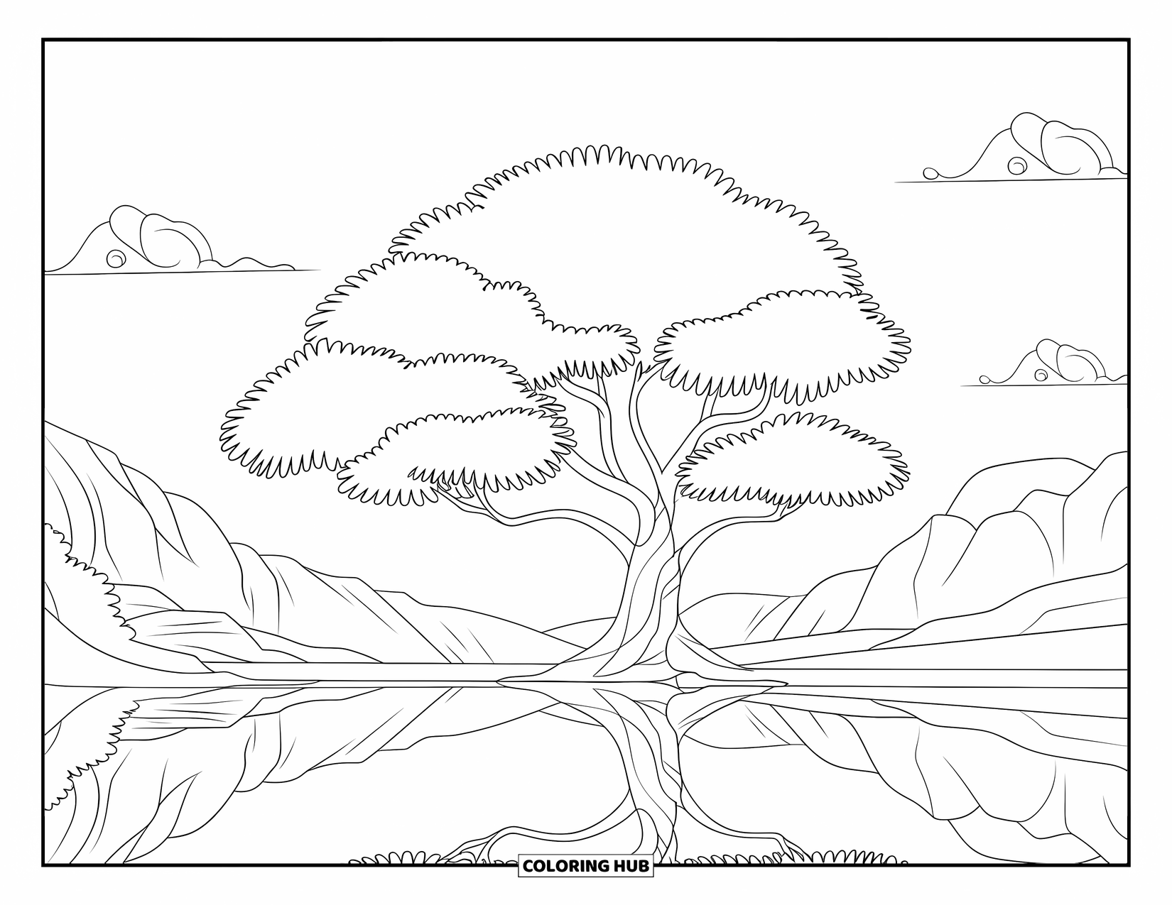 Desen de colorat cu copac pentru copii: Un copac cu frunze mari, reflectându-se într-un lac liniștit, cu munți
