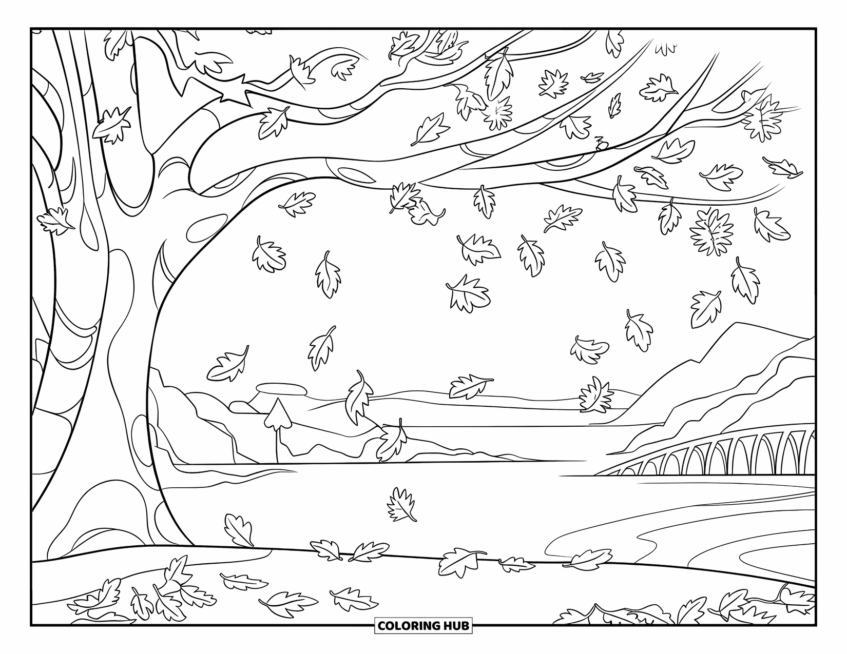 Desen de colorat cu copac pentru copii: Un copac cu frunze care cad, păsări cocoțate pe ramuri și un peisaj senin