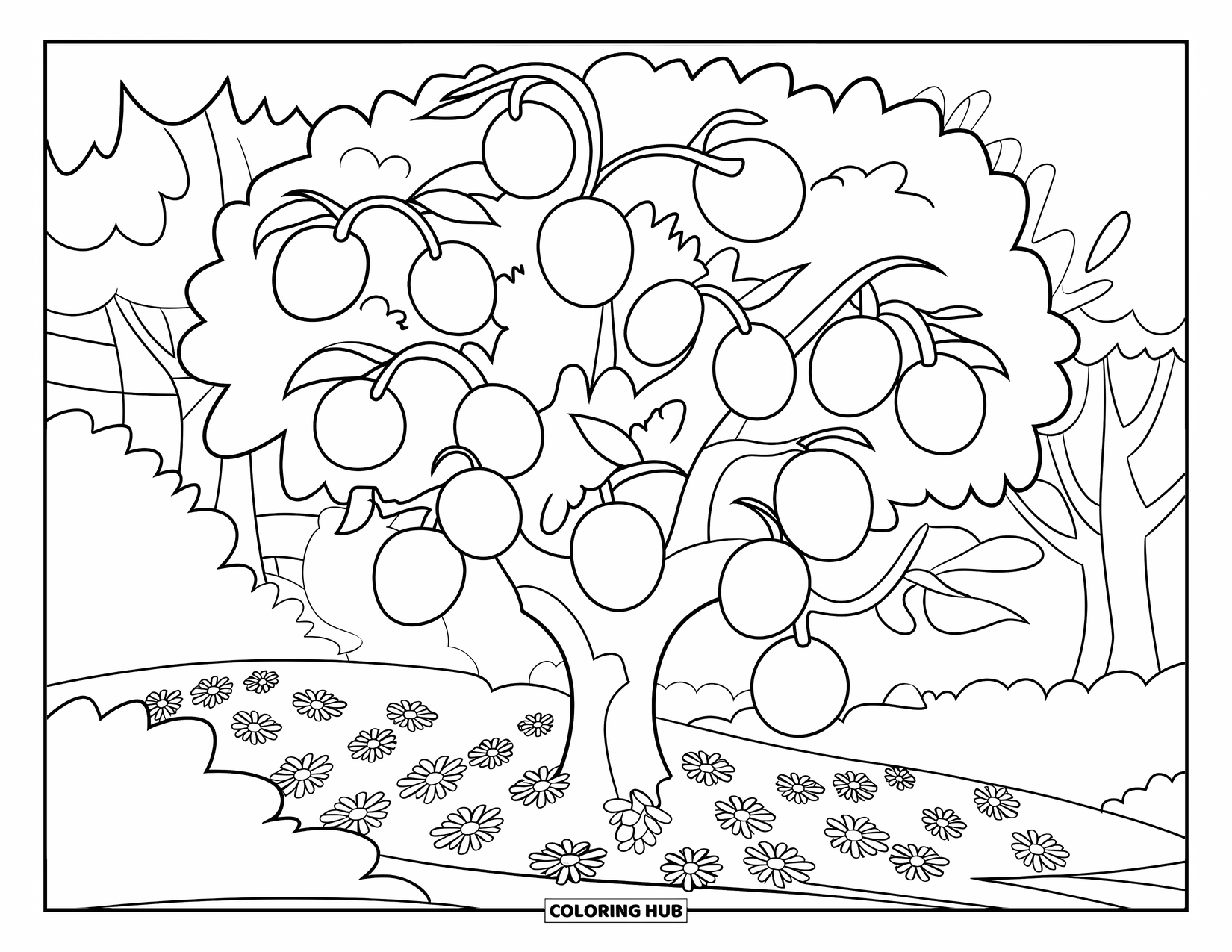 Desen de colorat cu copac pentru copii: Un copac cu fructe rotunde atârnate într-o pădure luxuriantă, acoperit cu flori galbene