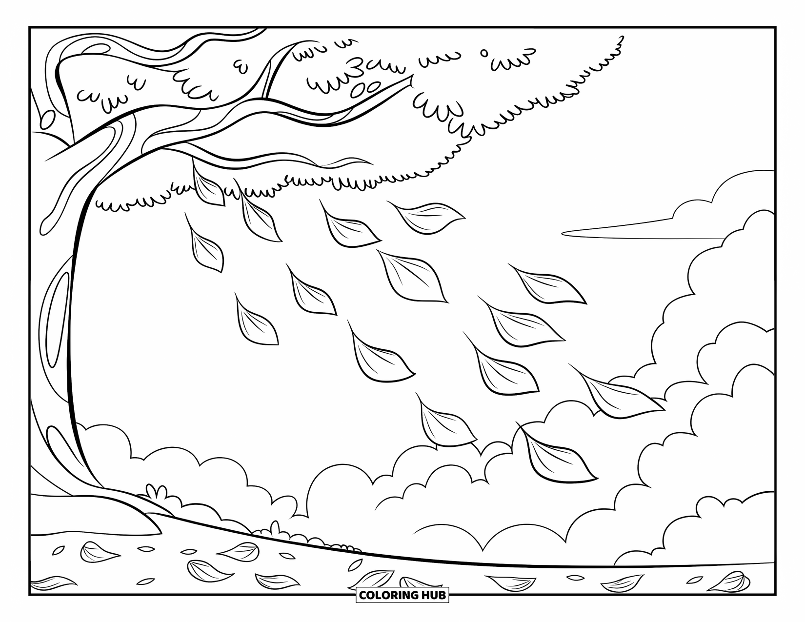 Desen de colorat cu copac pentru copii: Un copac cu frunze rotunde care cad ușor, acoperind pământul cu frunze căzute