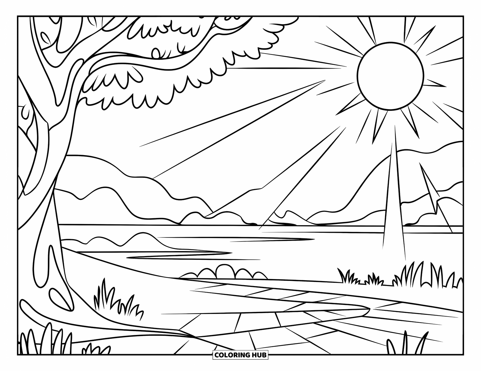 Desen de colorat cu copac pentru copii: Un copac cu raze de soare care strălucesc în jos, iluminând o potecă, așezat pe un fundal senin