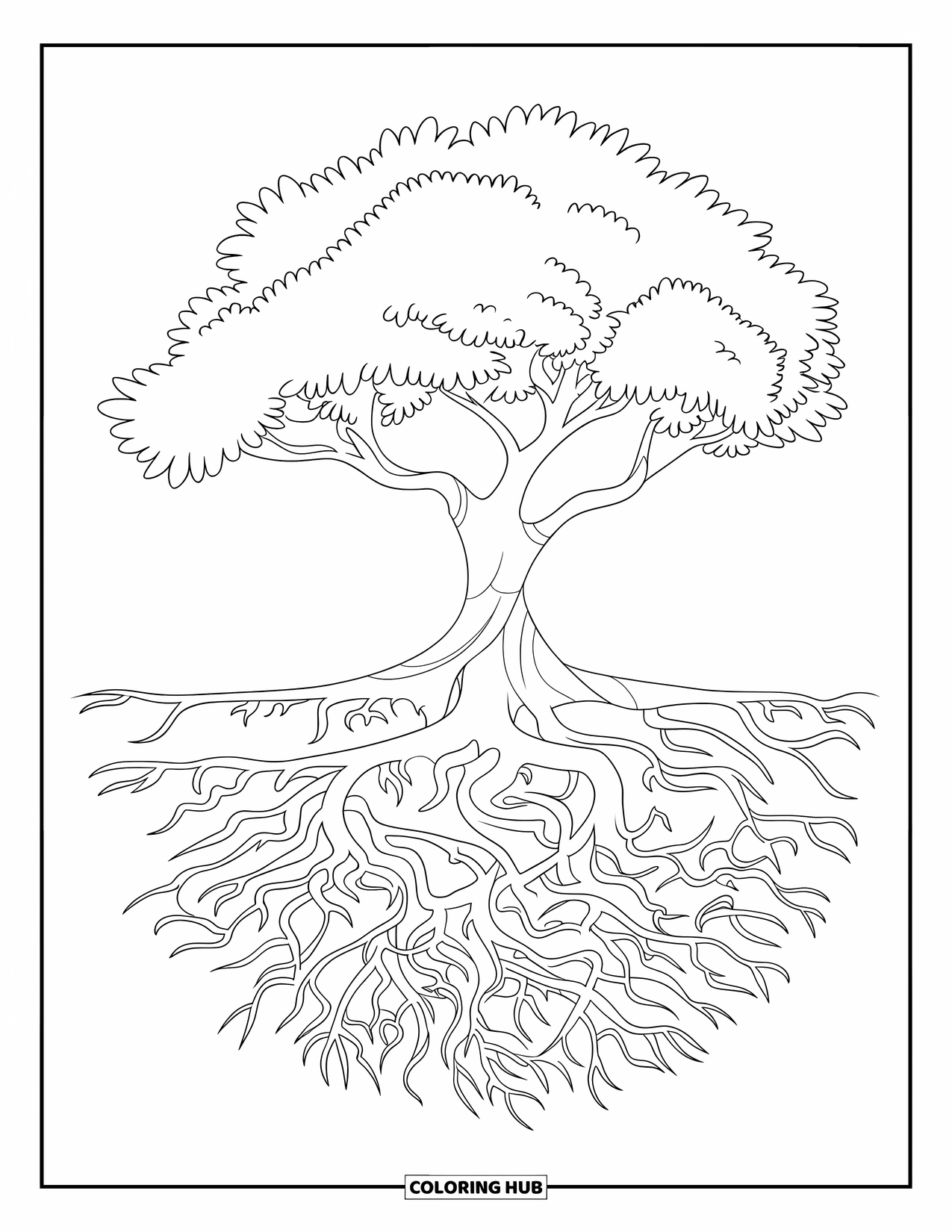 Desen de colorat cu copac pentru copii: Un copac cu rădăcini răsucite care se întind spre exterior
