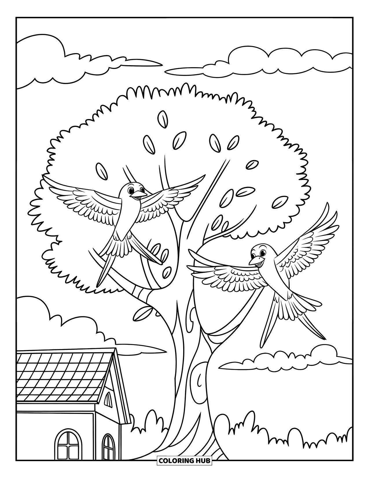 Desen de colorat cu copac pentru copii: Un copac cu două păsări care zboară lângă o casă cu un acoperiș roșu și nori