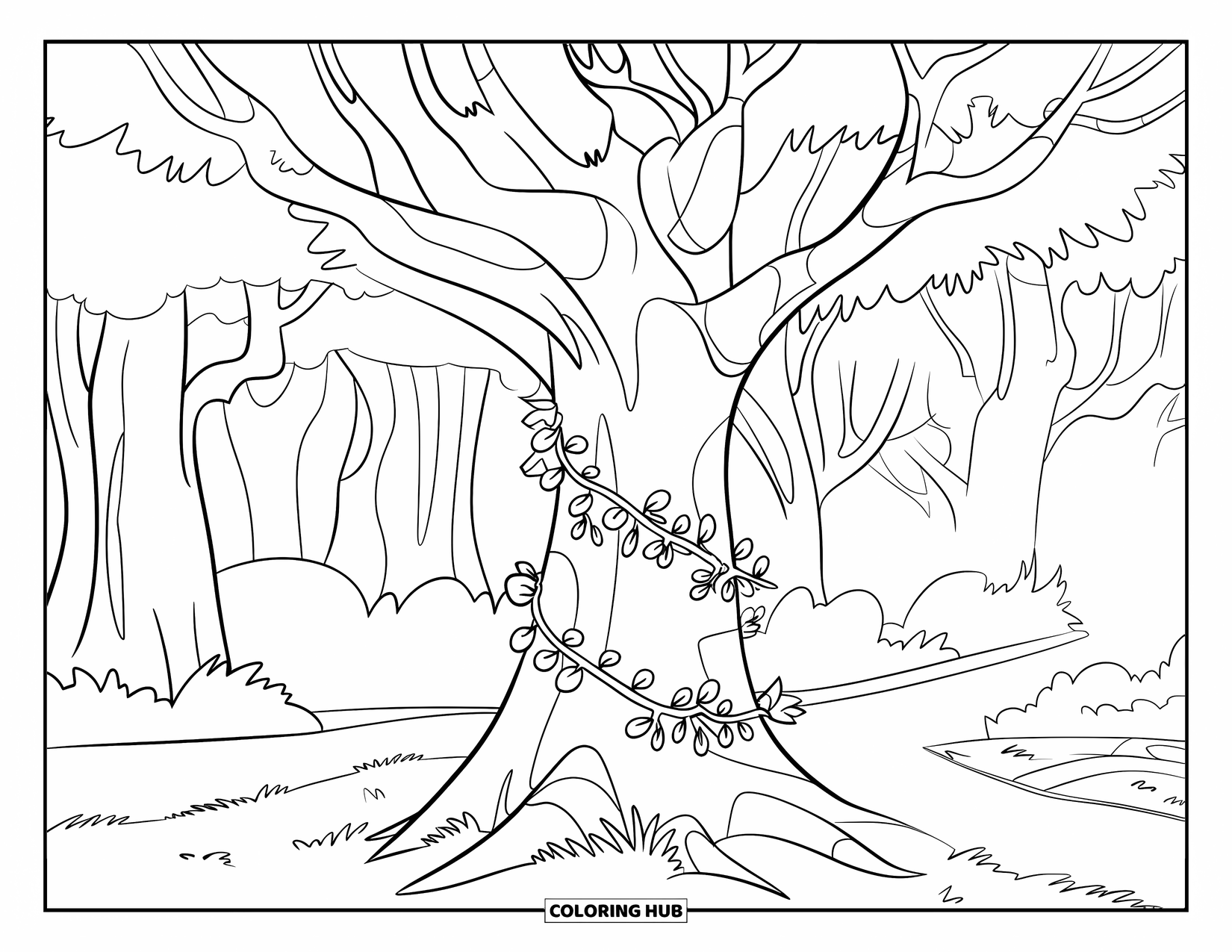 Desen de colorat cu copac pentru copii: Un copac cu liane și o potecă într-un cadru de pădure mistică
