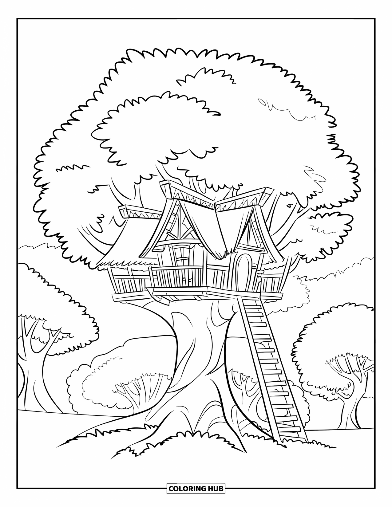 Desen de colorat cu copac pentru copii: O căsuță în copac cu un acoperiș de paie și o scară, cuibărită într-un copac