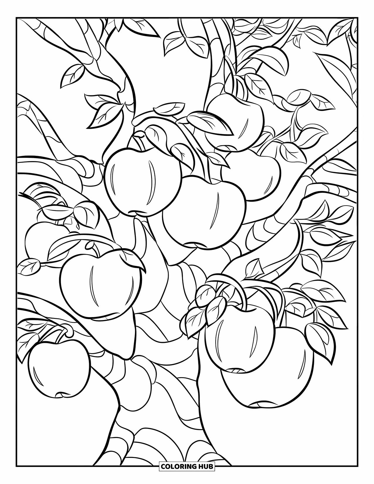 Desen de colorat cu copac pentru copii: Un măr cu câteva mere atârnate de ramurile sale