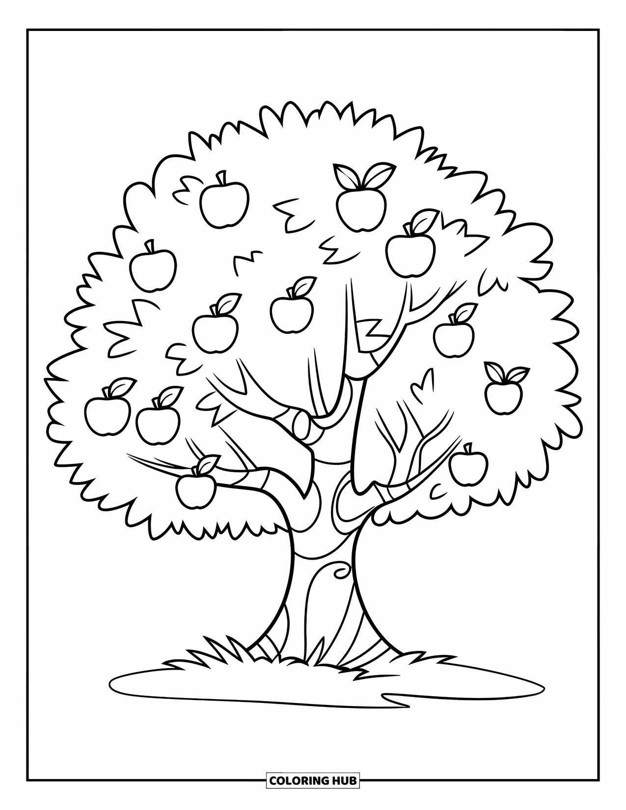 Desen de colorat cu copac pentru copii: Un măr cu mere, pe iarbă verde, cu secțiuni mari, ușor de colorat