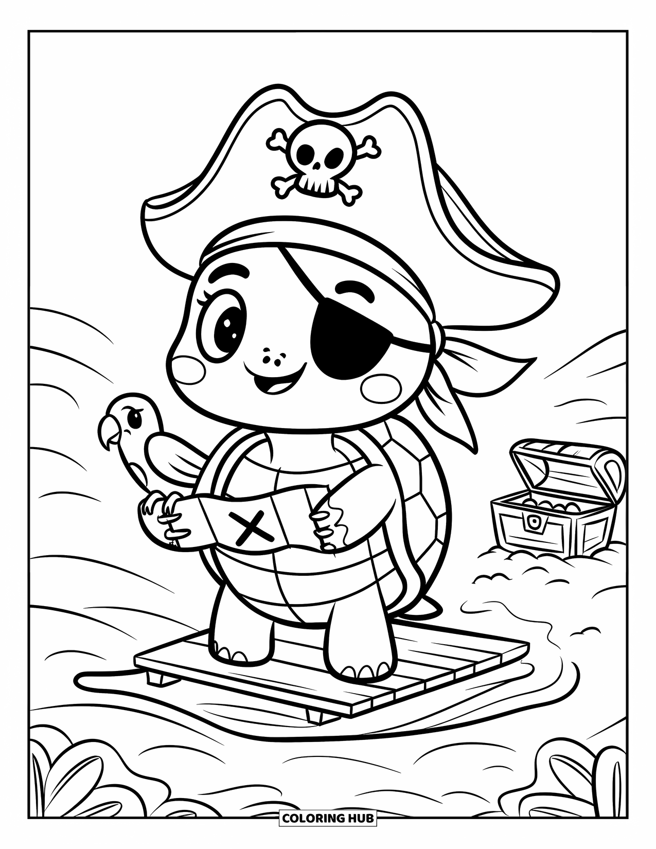 Kolorowanka z żółwiem dla dorosłych: Dzielny pirat-żółw, z przepaską na oku i mapą, żegluje po otwartym morzu