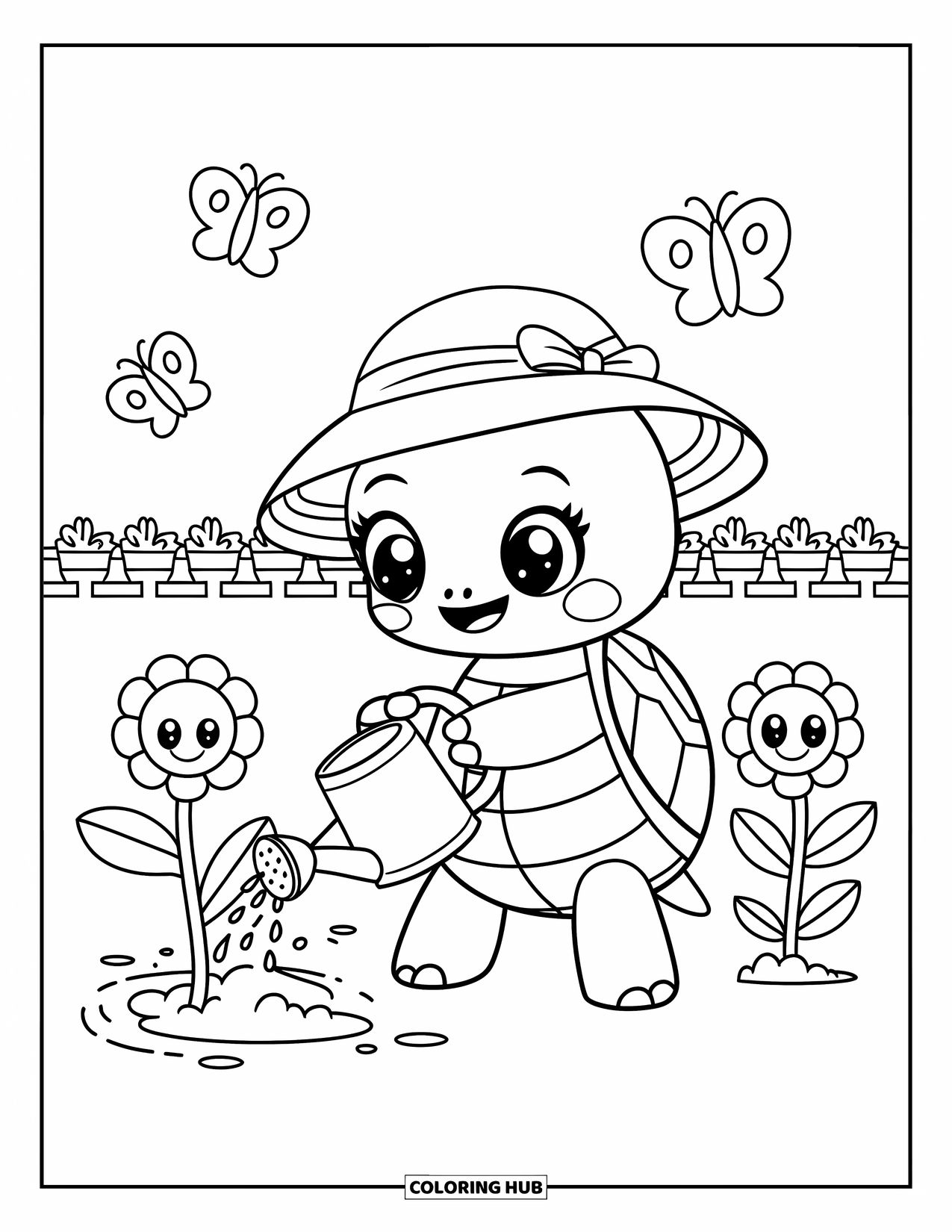 Kolorowanka z żółwiem dla dorosłych: Troskliwy żółw podlewa grządkę radosnych kwiatów, a wokół tańczą motyle