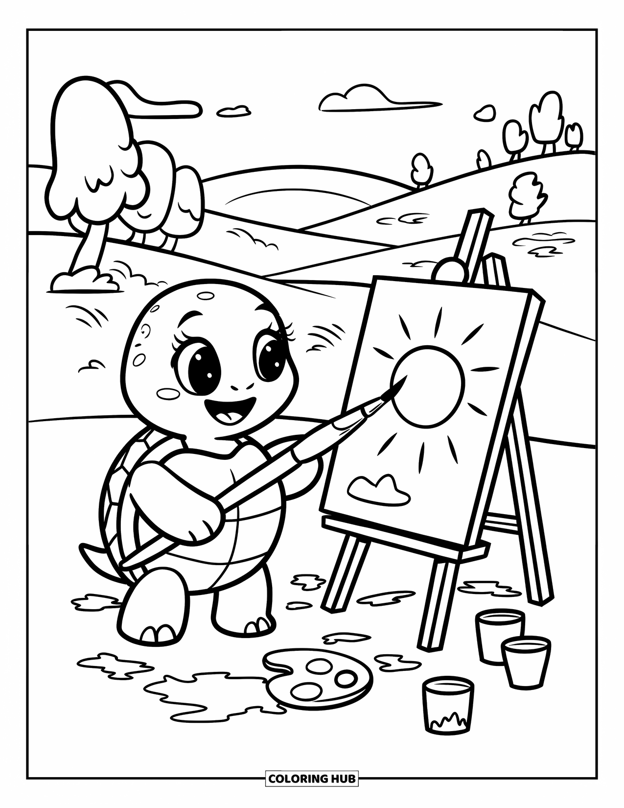 Kolorowanka z żółwiem dla dorosłych: Radosny żółw maluje słońce i chmury na sztaludze, otoczony małymi słoiczkami z farbami