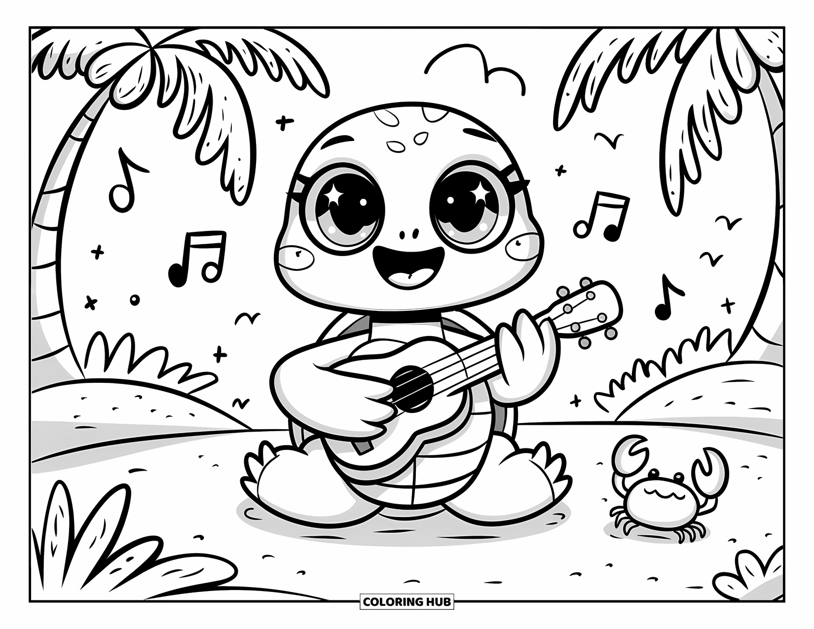 Kolorowanka z żółwiem dla dorosłych: Radosny żółw brzdąka na ukulele na plaży, a w pobliżu kołyszą się palmy