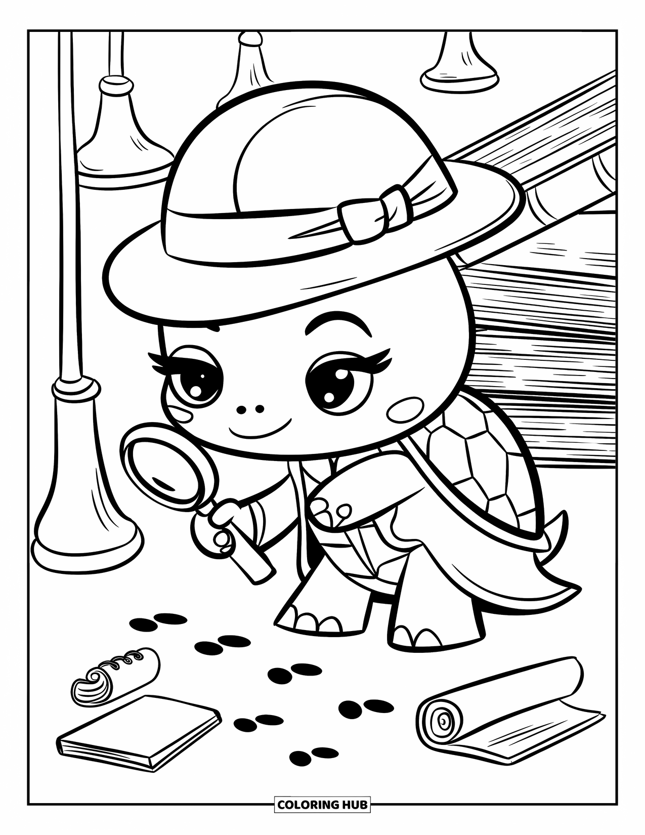 Kolorowanka z żółwiem dla dorosłych: Sprytny żółw w detektywistycznym kapeluszu bada ślady prowadzące do ukrytej wskazówki