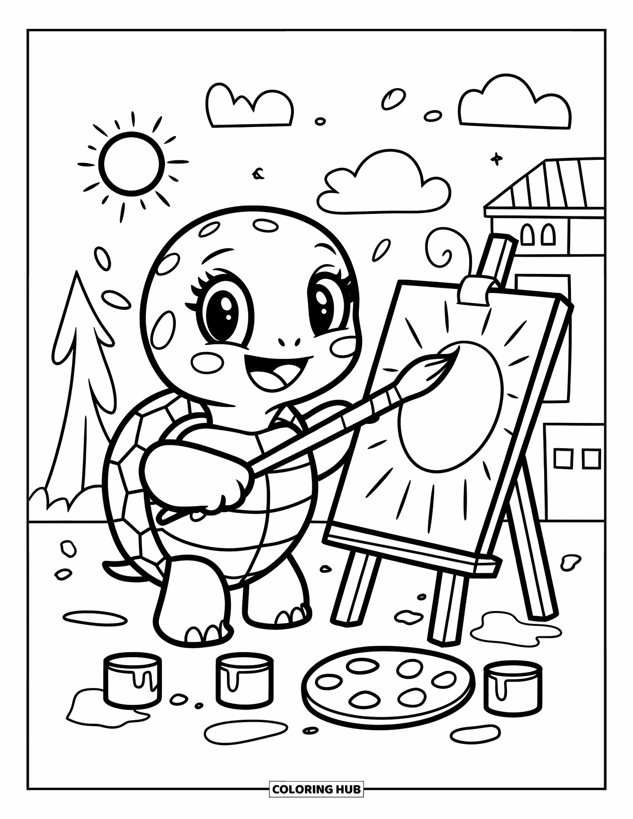 Kolorowanka z żółwiem dla dorosłych: Kreatywny żółw maluje radosny obraz, stojąc w spokojnym otoczeniu na świeżym powietrzu