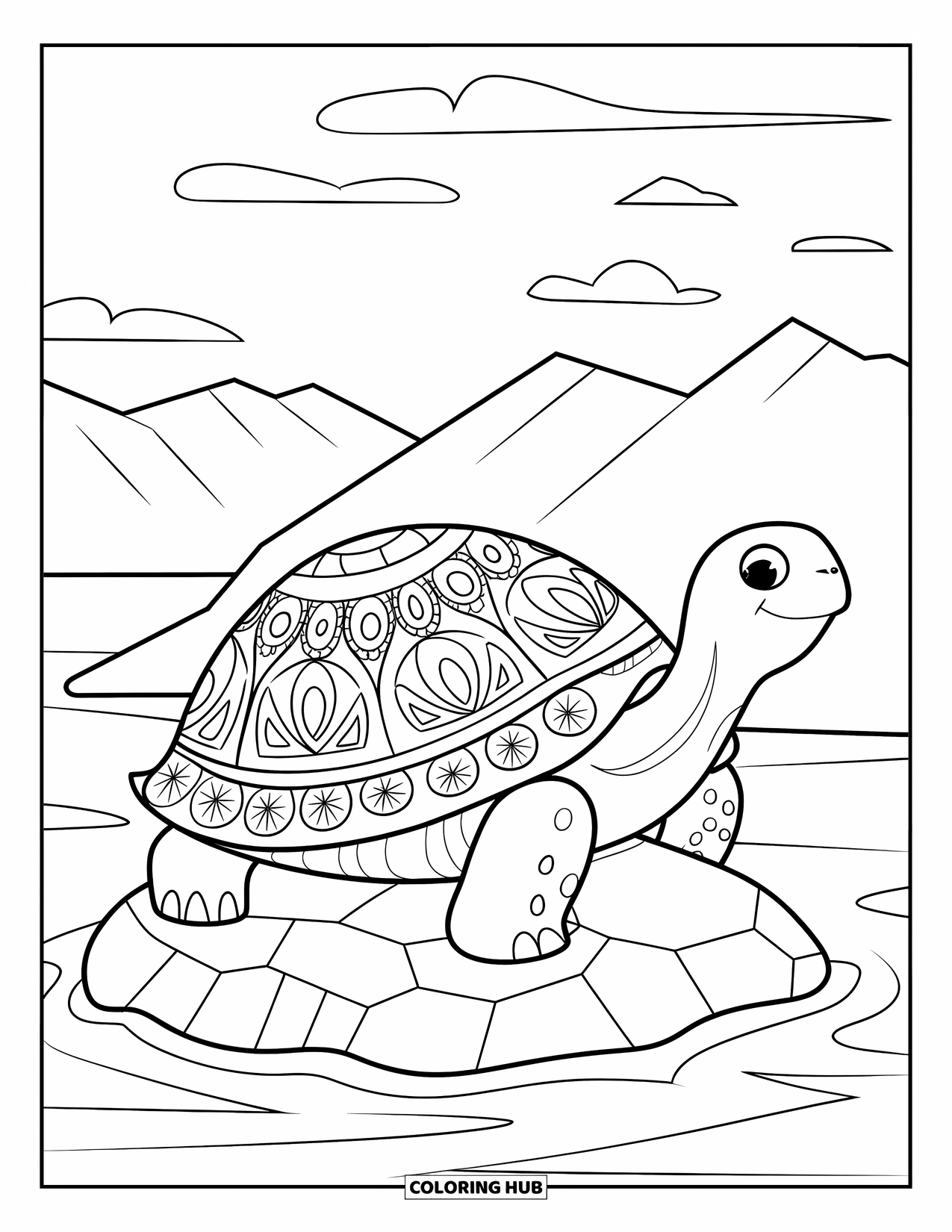 Kolorowanka z żółwiem dla dorosłych: Szczegółowy żółw z artystyczną skorupą siedzi na skale, wpatrując się w niebo