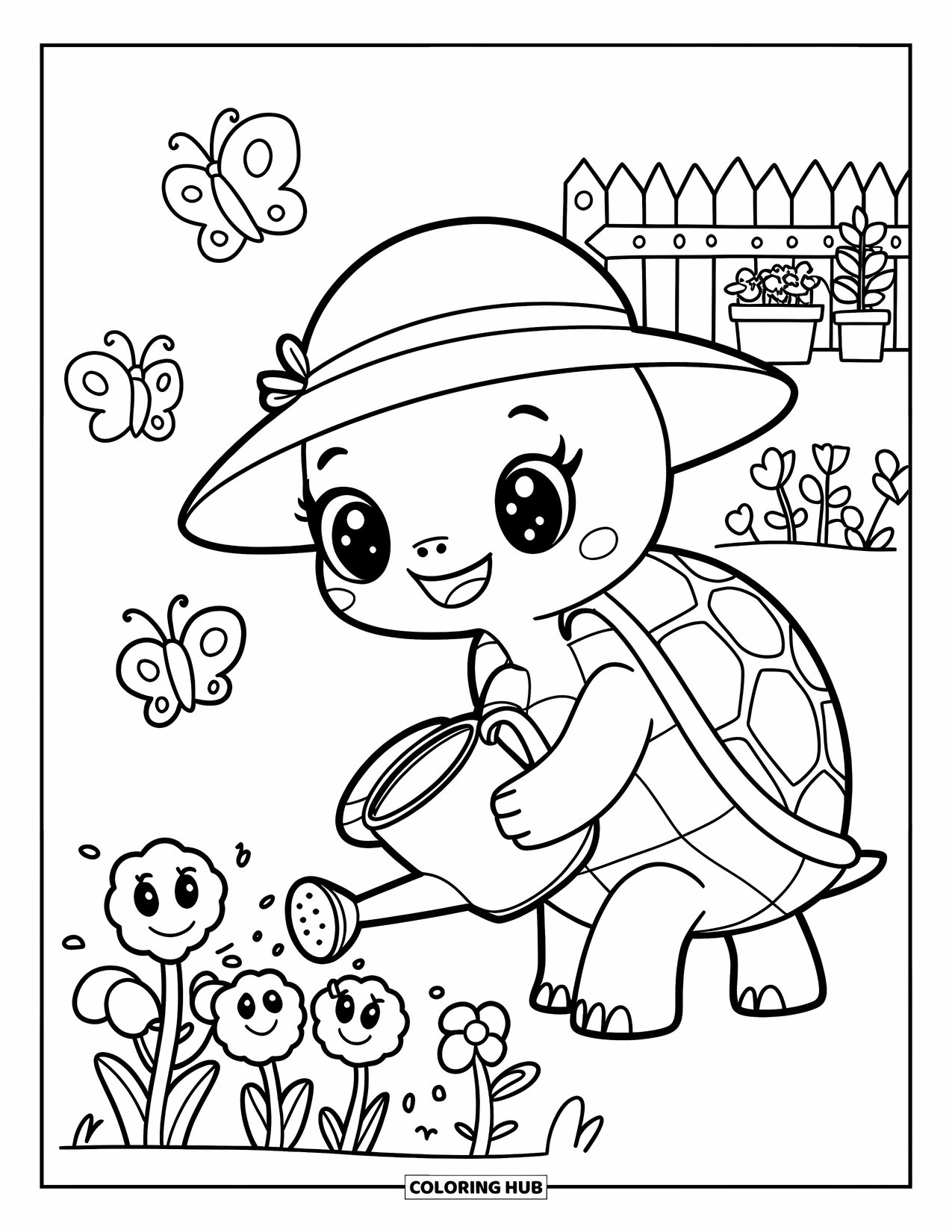 Kolorowanka z żółwiem dla dorosłych: Żółw-ogrodnik cieszy się spokojną chwilą, pielęgnując swój kwitnący ogród