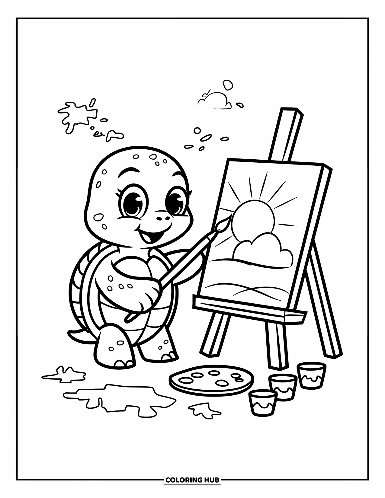 Kolorowanka z żółwiem dla dorosłych: Radosny żółw maluje słoneczne niebo, z plamami koloru dookoła