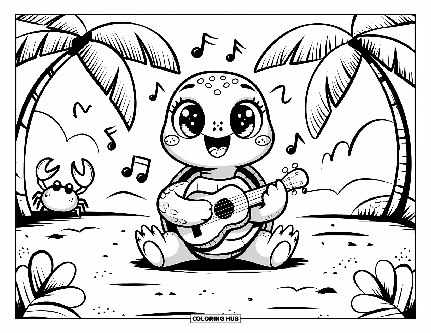 Kolorowanka z żółwiem dla dorosłych: Radosny żółw gra na ukulele na piasku, a krab klaszcze