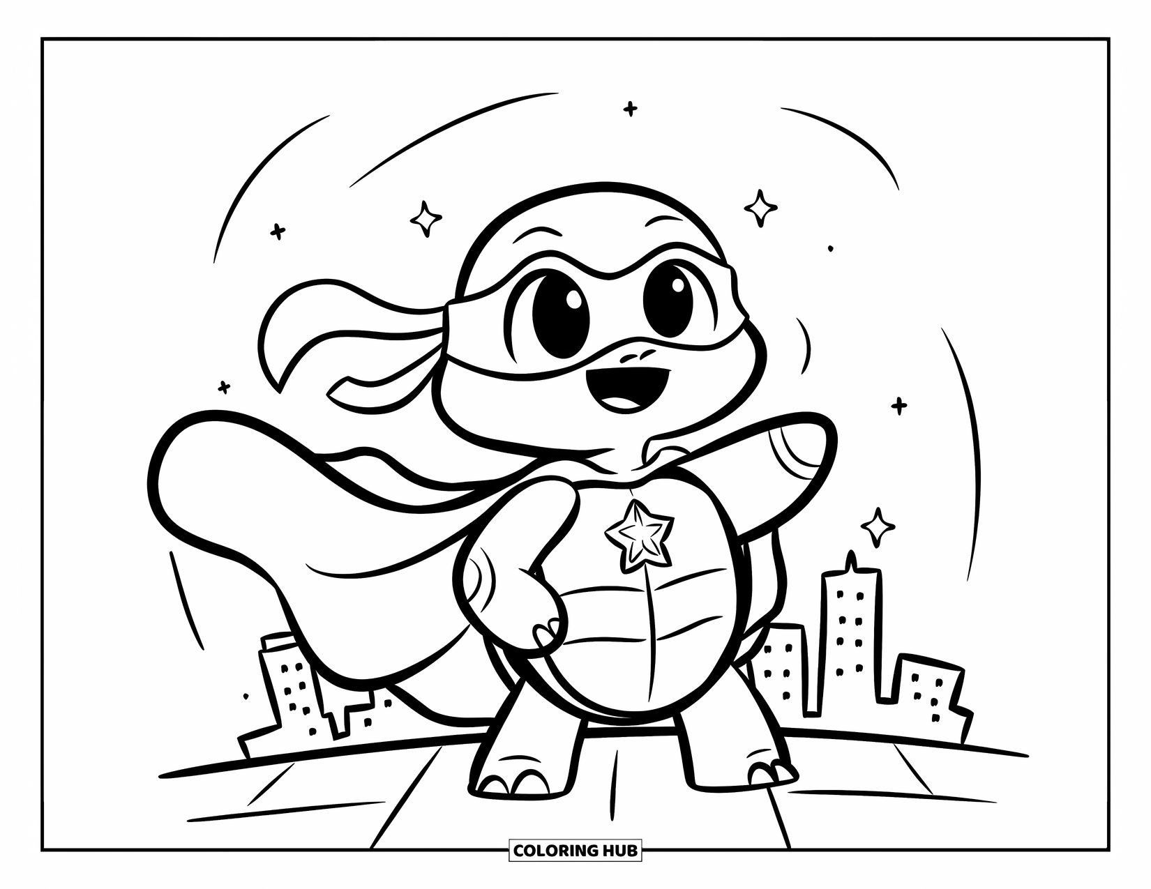 Kolorowanka z żółwiem dla dorosłych: Bohaterski żółw z powiewającą peleryną i maską obserwuje miasto z dachu