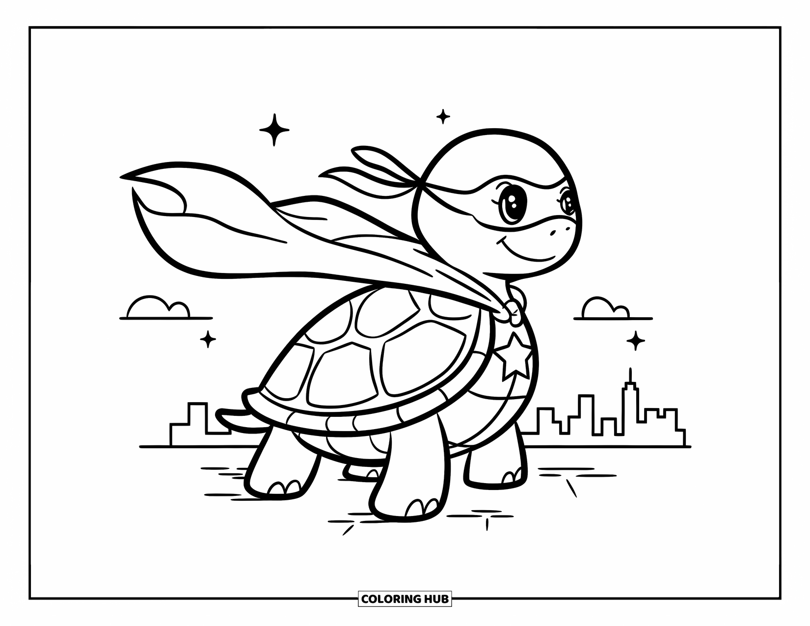 Kolorowanka z żółwiem dla dorosłych: Żółw-superbohater w stylu kawaii stoi na dachu, a obok niego przepływa delikatna bryza