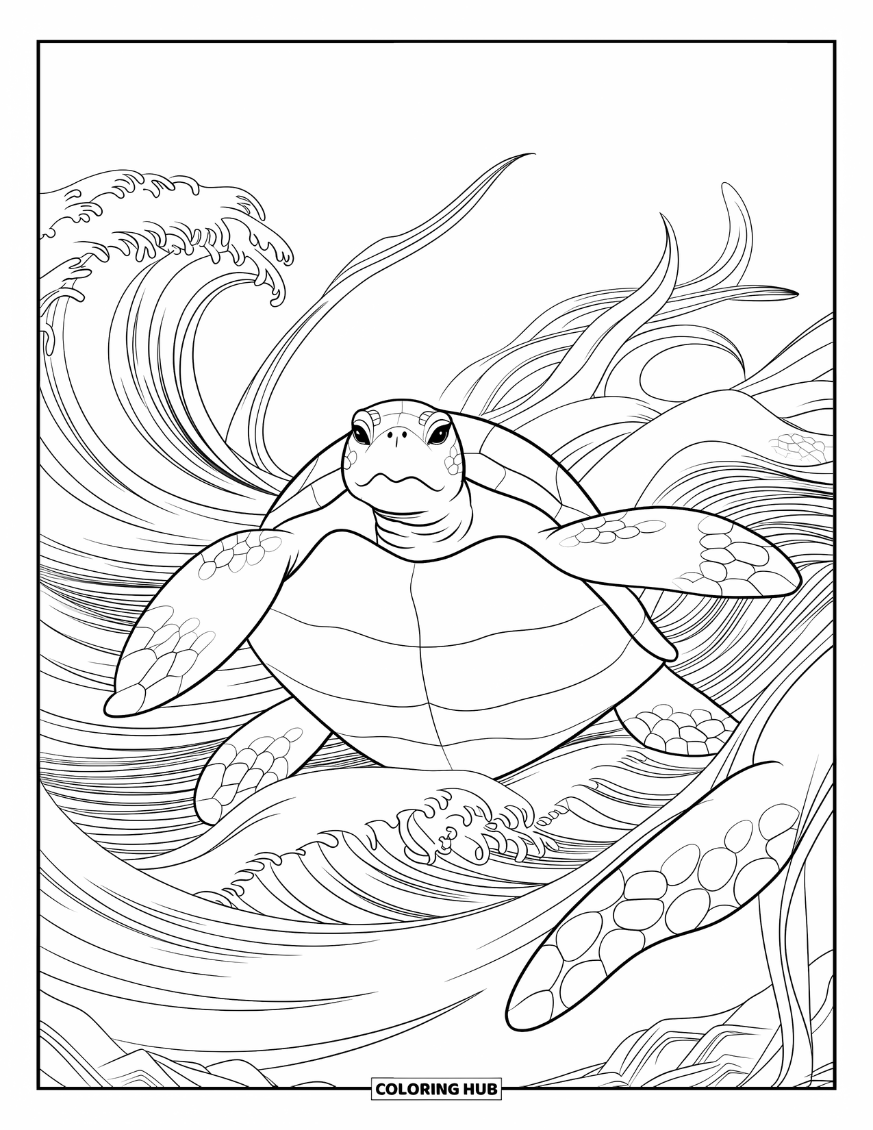 Kolorowanka z żółwiem dla dorosłych: Duży żółw porusza się w wirującej wodzie, a wokół niego unoszą się wodorosty