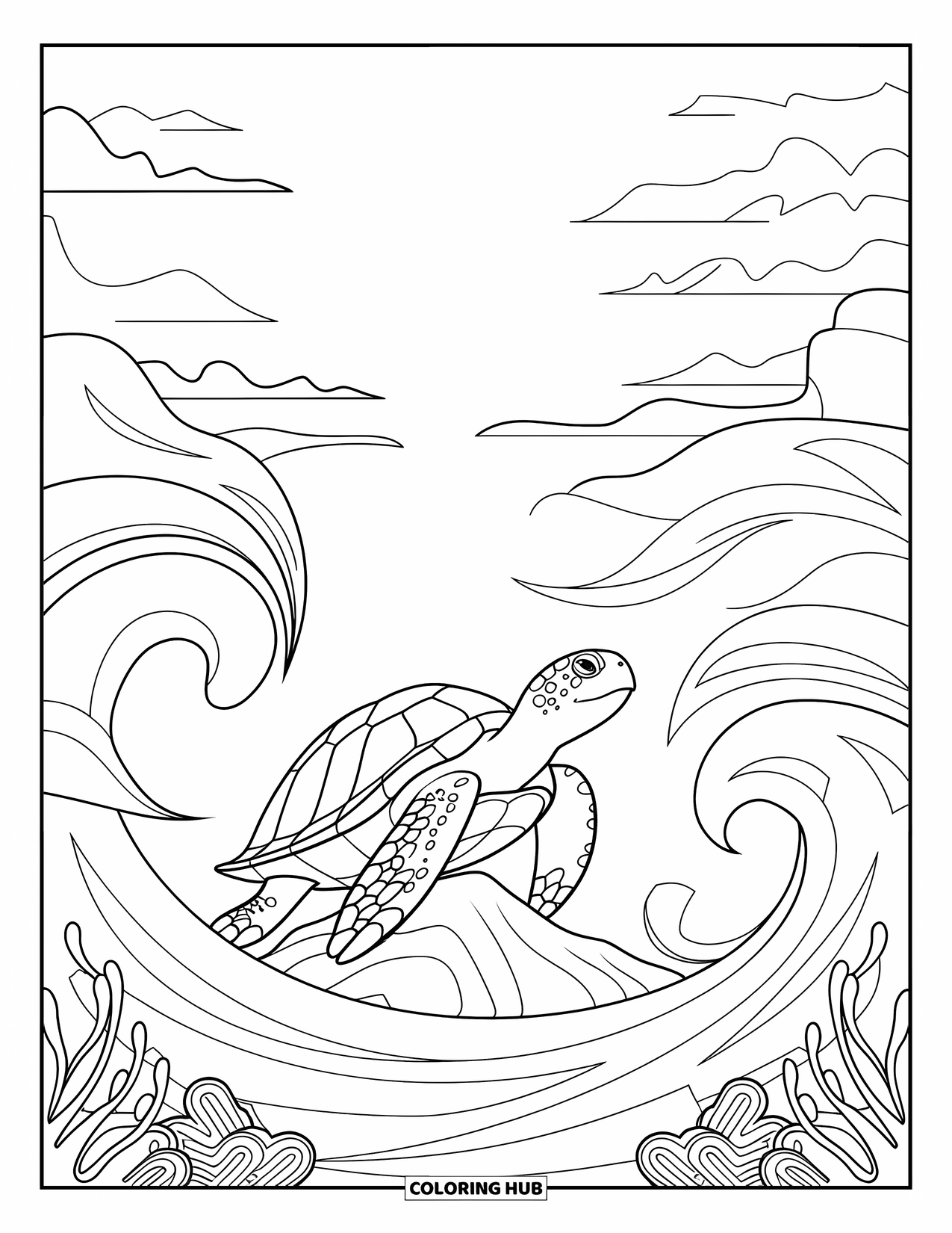 Kolorowanka z żółwiem dla dorosłych: Dostojny żółw jest otoczony eleganckimi wirującymi falami i płynącymi wodorostami