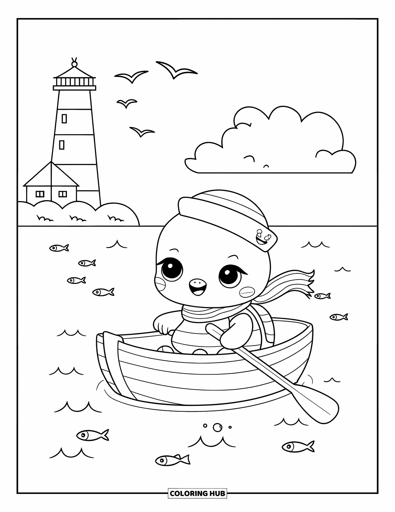 Kolorowanka z żółwiem dla dorosłych: Żółw-marynarz wiosłuje małą łódką, a mewy latają nad nim, a ryby pływają pod spodem