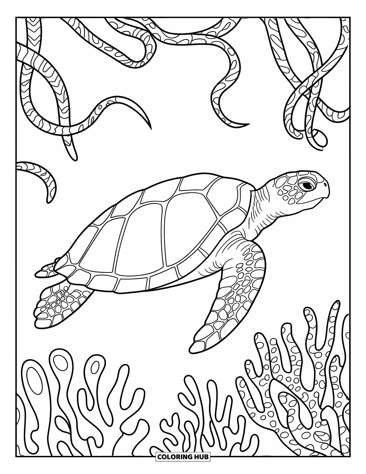 Kolorowanka z żółwiem dla dorosłych: Żółw morski z wyraźnym konturem porusza się w labiryncie morskich pnączy i koralowców