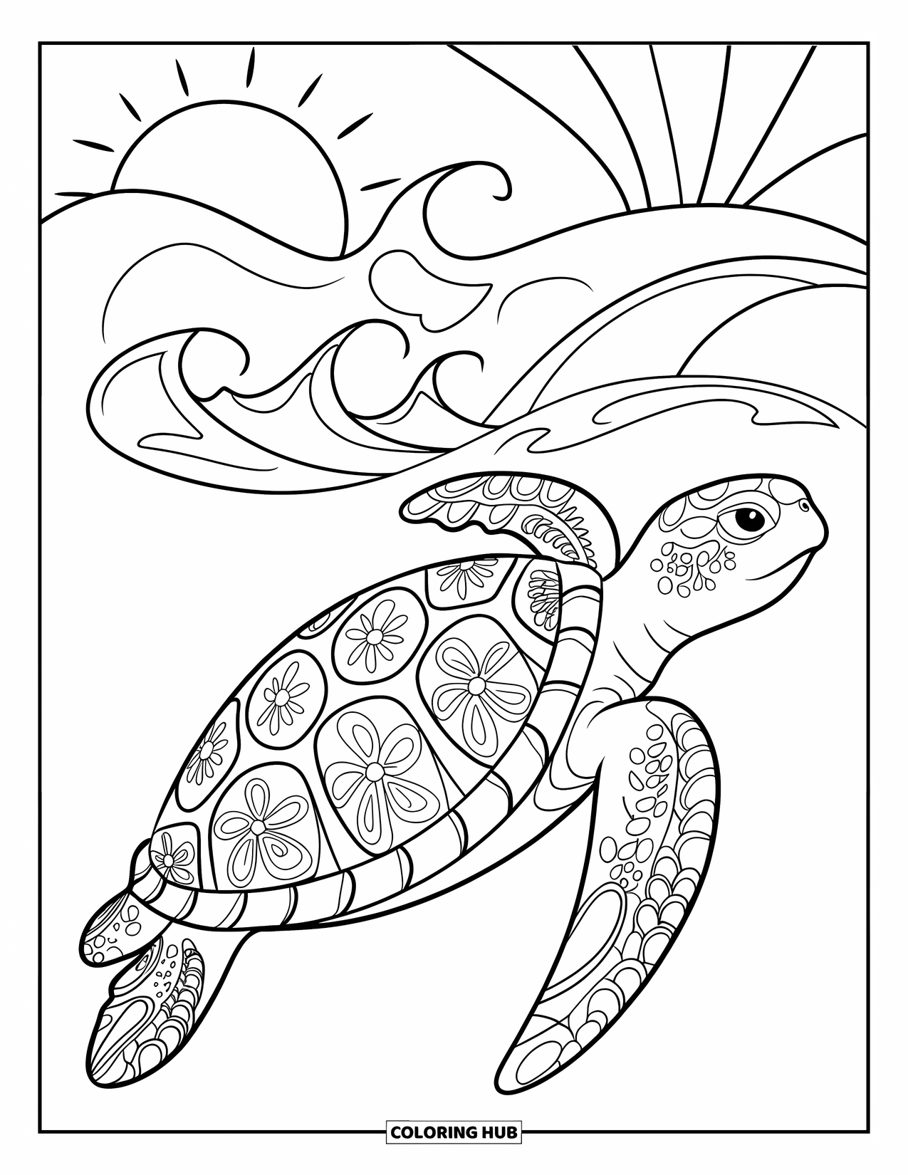 Kolorowanka z żółwiem dla dorosłych: Żółw morski z kwiatową skorupą paisley pływa przez łagodne fale oceanu