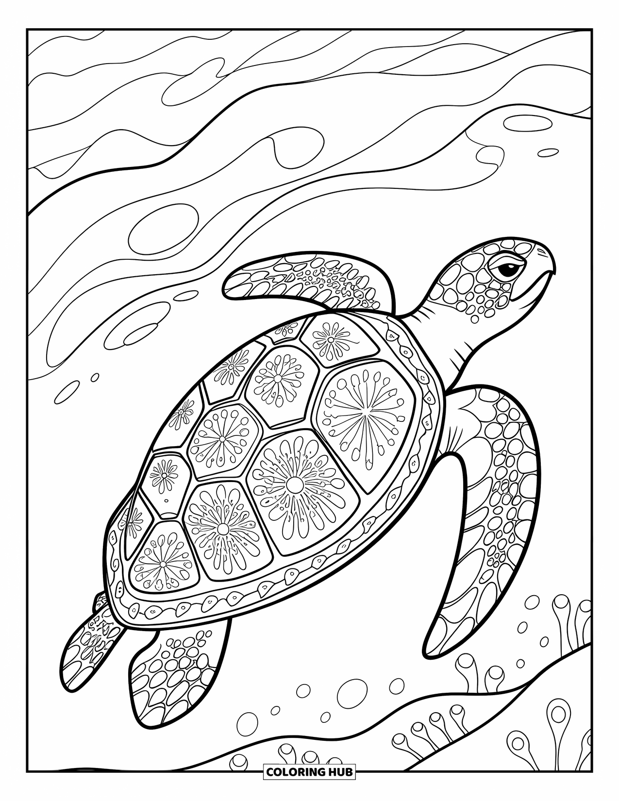 Kolorowanka z żółwiem dla dorosłych: Żółw morski z delikatnymi kwiatowymi wzorami płynie przez spokojny podwodny świat