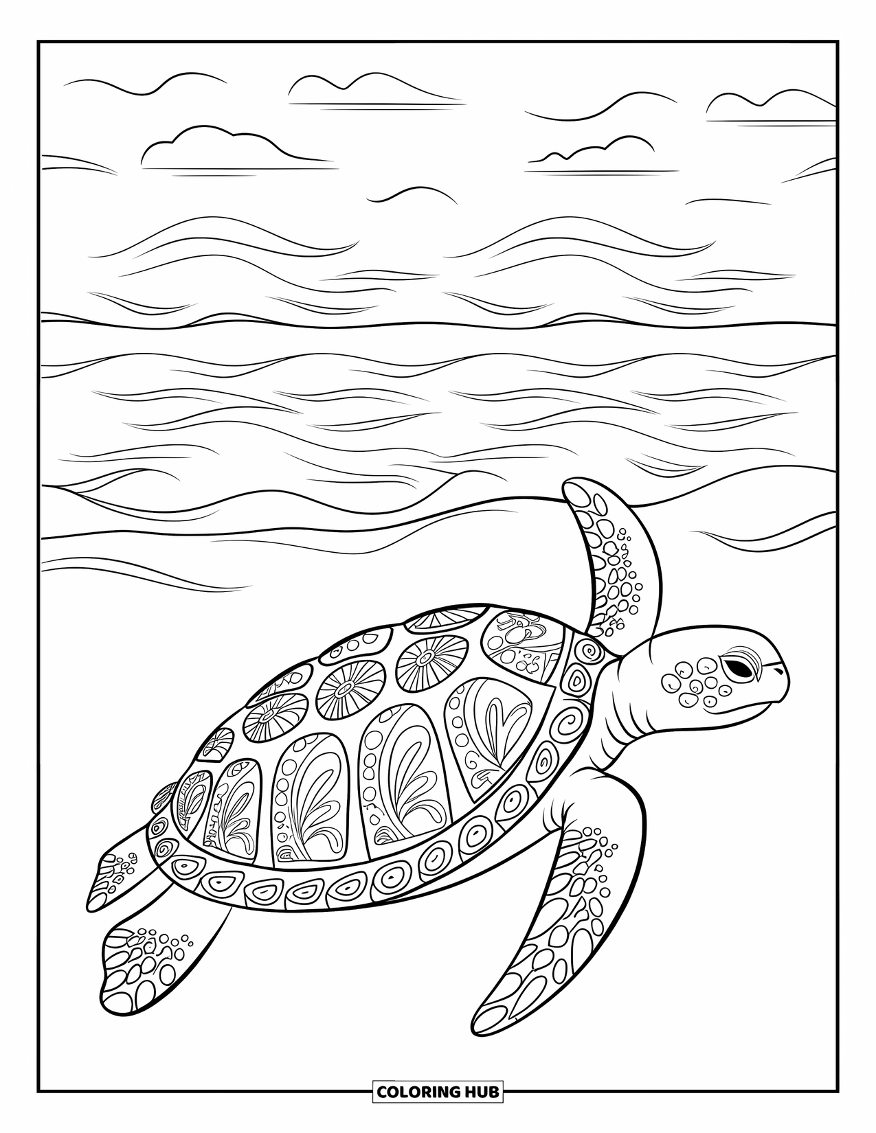 Kolorowanka z żółwiem dla dorosłych: Żółw morski ze skomplikowanymi wzorami unosi się w oceanie, otoczony falami i niebem