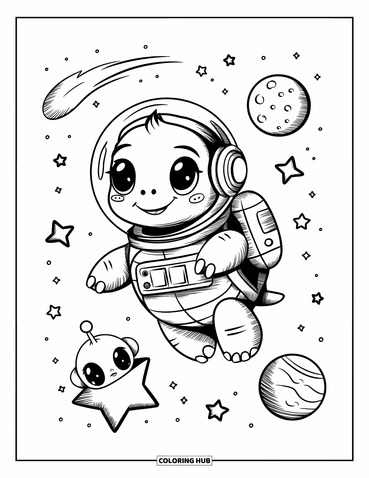 Kolorowanka z żółwiem dla dorosłych: Żółw-astronauta dryfuje wśród gwiazd z malutkim plecakiem odrzutowym i hełmem
