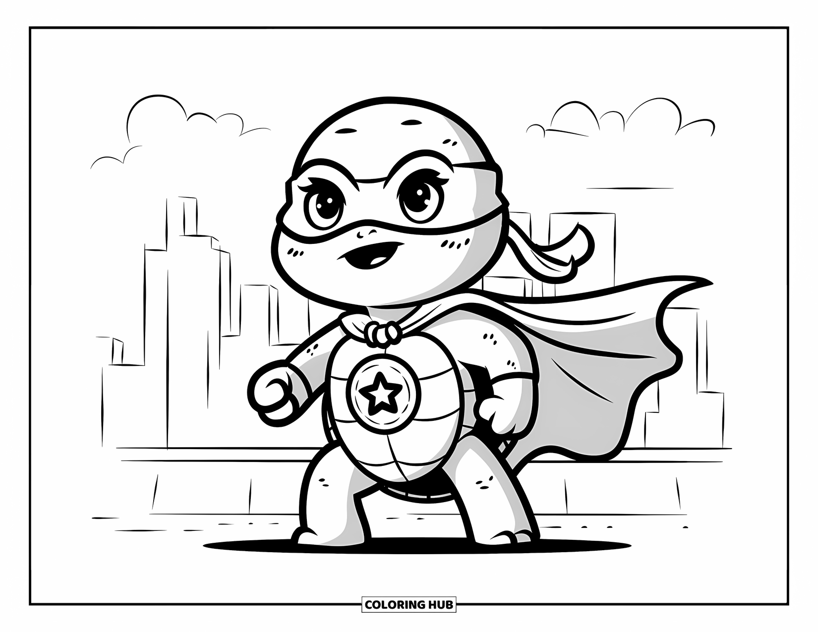 Kolorowanka z żółwiem dla dorosłych: Żółw-superbohater z peleryną i maską stoi na dachu, spoglądając na miasto
