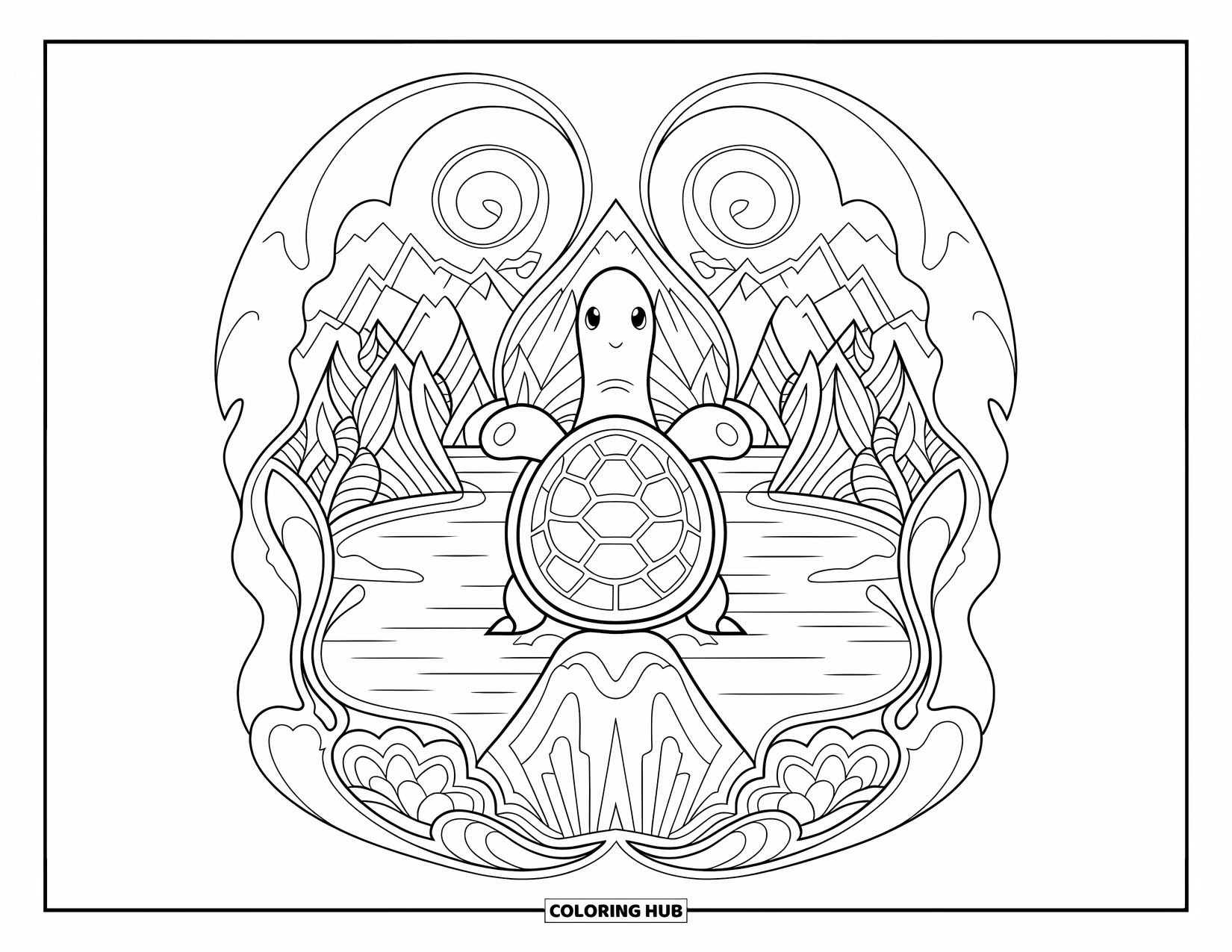 Kolorowanka z żółwiem dla dorosłych: Symetryczny żółw z wirującymi wzorami siedzi na skale w spokojnym jeziorze