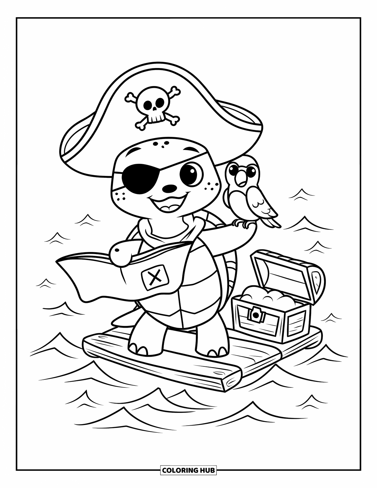 Kolorowanka z żółwiem dla dorosłych: Mały pirat-żółw stoi na tratwie, trzymając mapę skarbów, a papuga siedzi w pobliżu