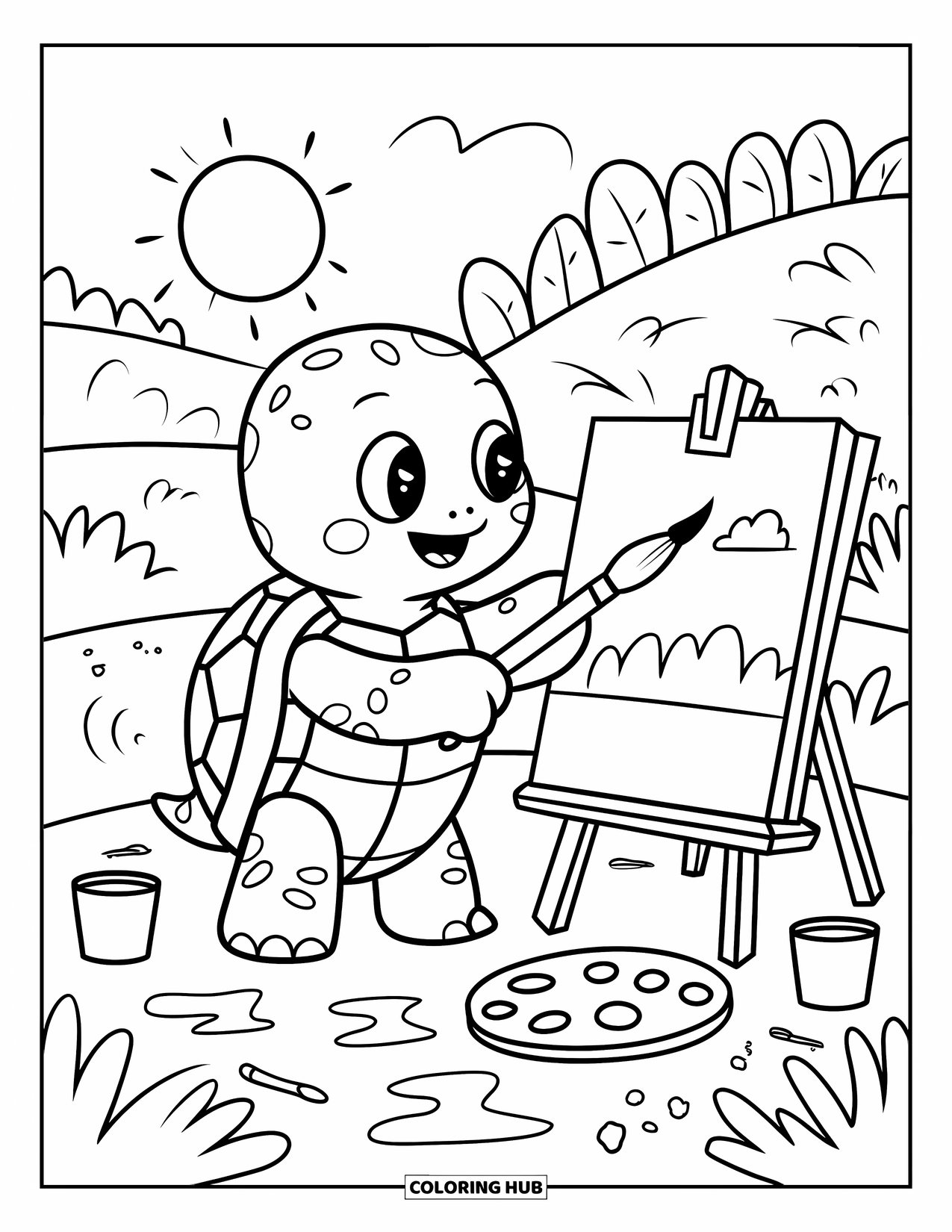 Kolorowanka z żółwiem dla dorosłych: Żółw-artysta tworzy kolorową scenę, stojąc przed małą sztalugą