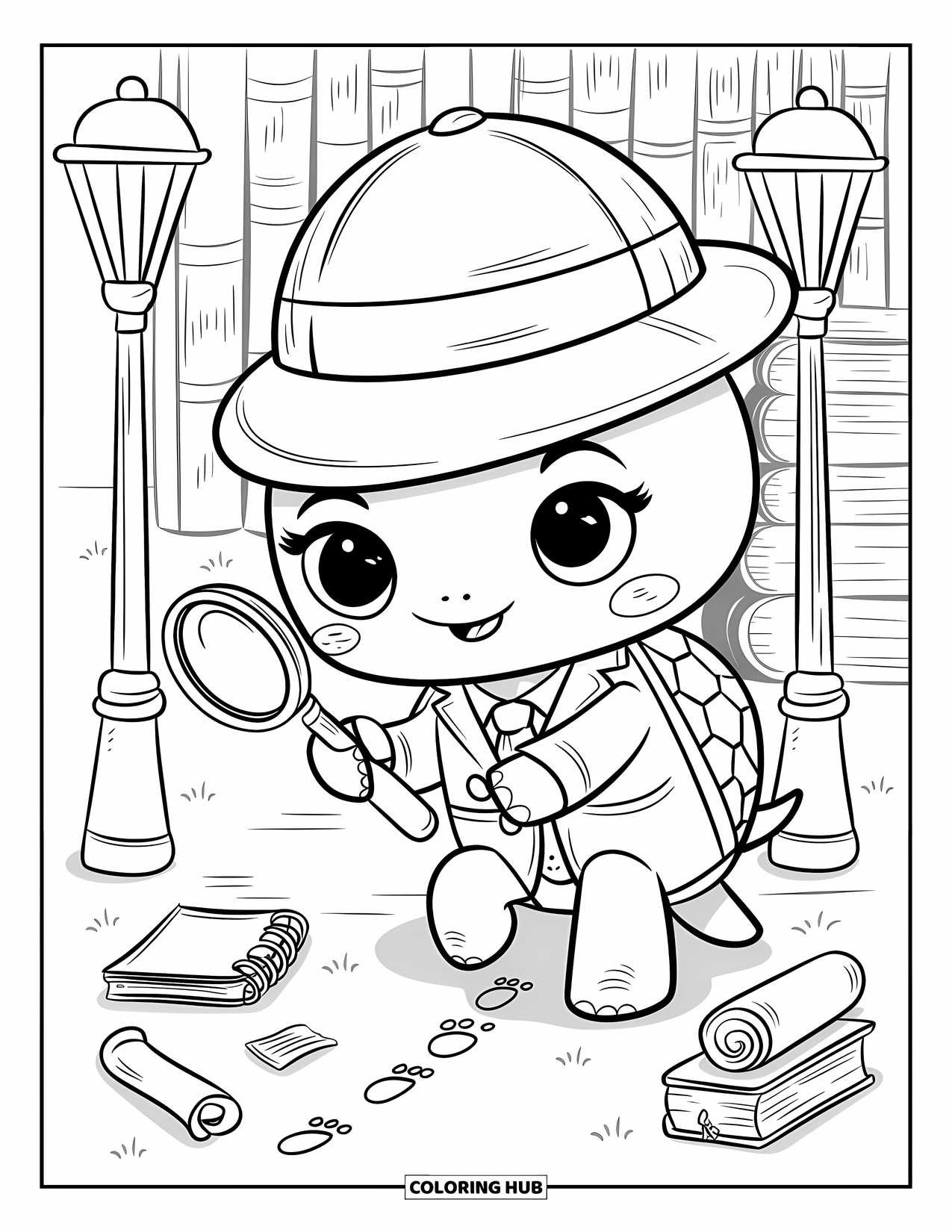 Kolorowanka z żółwiem dla dorosłych: Żółw-detektyw podąża za śladami, szukając sekretów w blasku latarni ulicznych