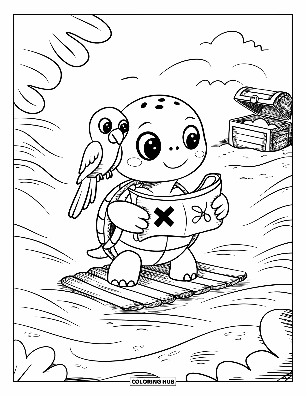 Kolorowanka z żółwiem dla dorosłych: Żółw przebrany za pirata żegluje na drewnianej tratwie, szukając ukrytego skarbu