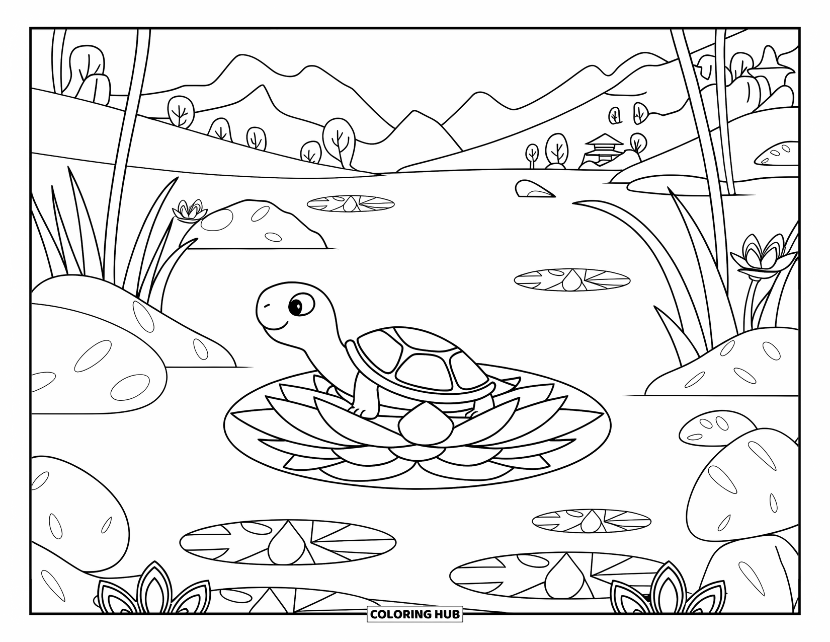 Kolorowanka z żółwiem dla dorosłych: Żółw unosi się na kwiatku lotosu w spokojnym stawie z odległą pagodą
