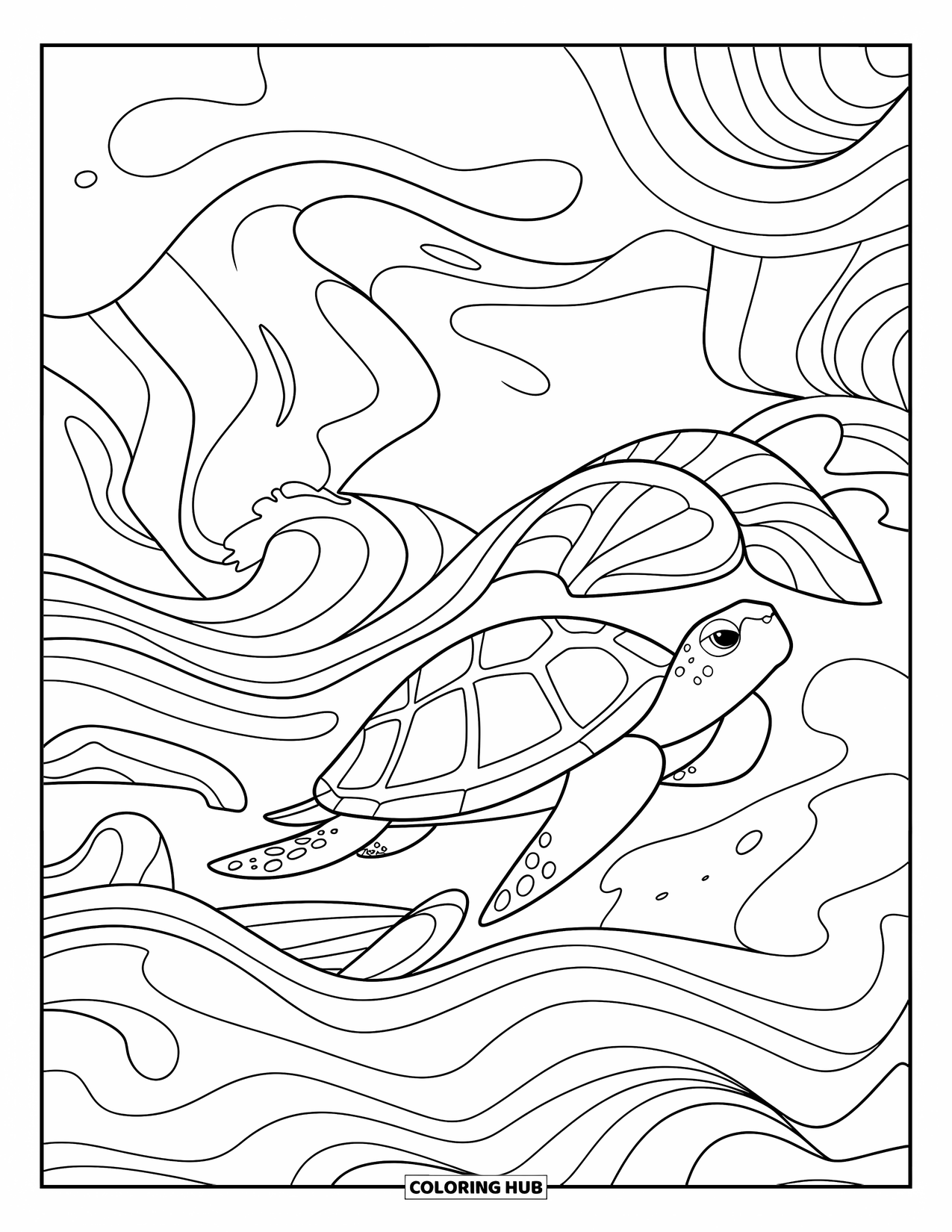 Kolorowanka z żółwiem dla dorosłych: Żółw unosi się w abstrakcyjnym oceanie zakrzywionych linii i okrągłych fal