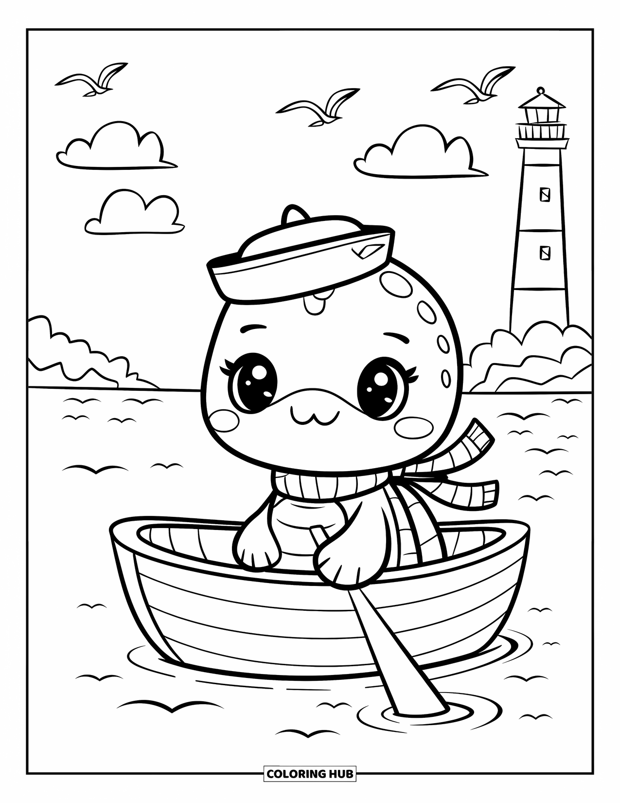 Kolorowanka z żółwiem dla dorosłych: Żółw w marynarskim kapeluszu siedzi w łódce wiosłowej, spokojnie unosząc się na wodzie