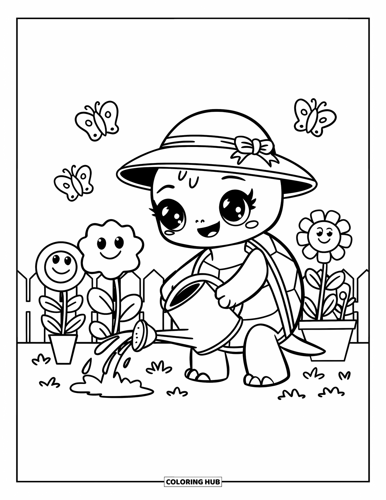 Kolorowanka z żółwiem dla dorosłych: Żółw w kapeluszu przeciwsłonecznym delikatnie podlewa kwiaty, a w pobliżu trzepoczą motyle