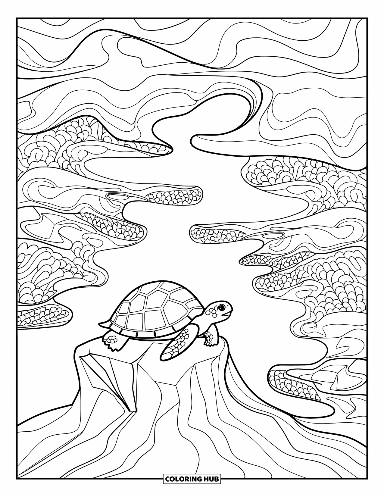 Kolorowanka z żółwiem dla dorosłych: Żółw jest otoczony skomplikowanymi wzorami fal w pięknie szczegółowej podwodnej scenerii