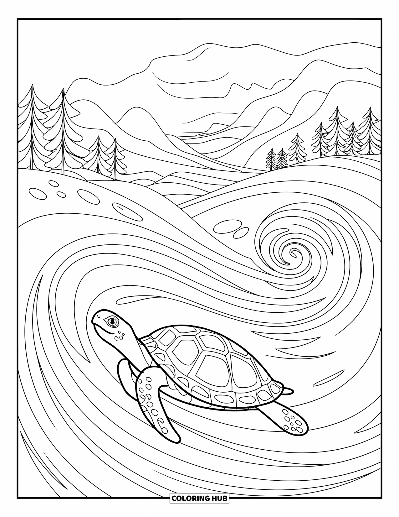Kolorowanka z żółwiem dla dorosłych: Żółw porusza się w spiralnych prądach wody z górami i drzewami w tle