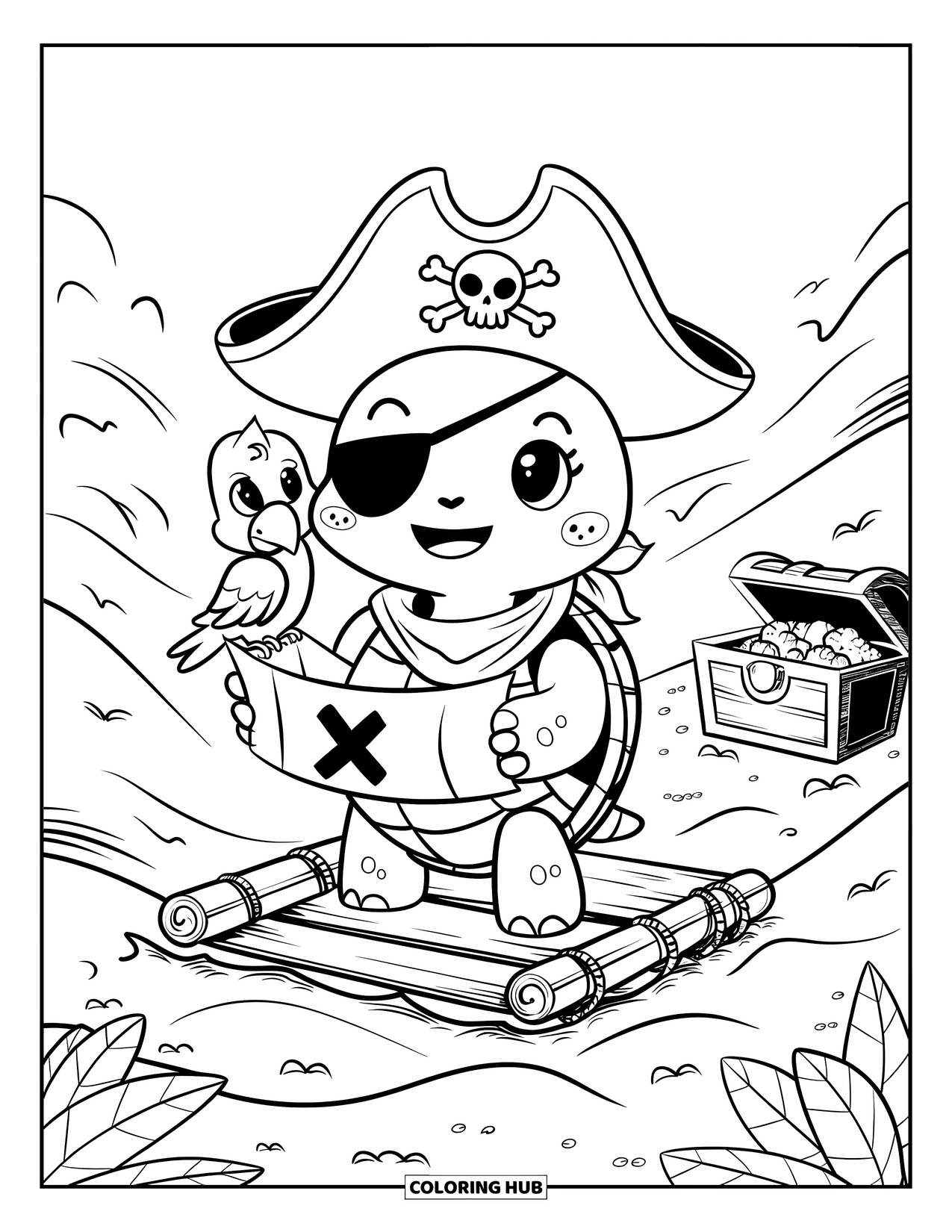 Kolorowanka z żółwiem dla dorosłych: Żółw-pirat w dużym kapeluszu studiuje małą mapę, żeglując po łagodnych falach