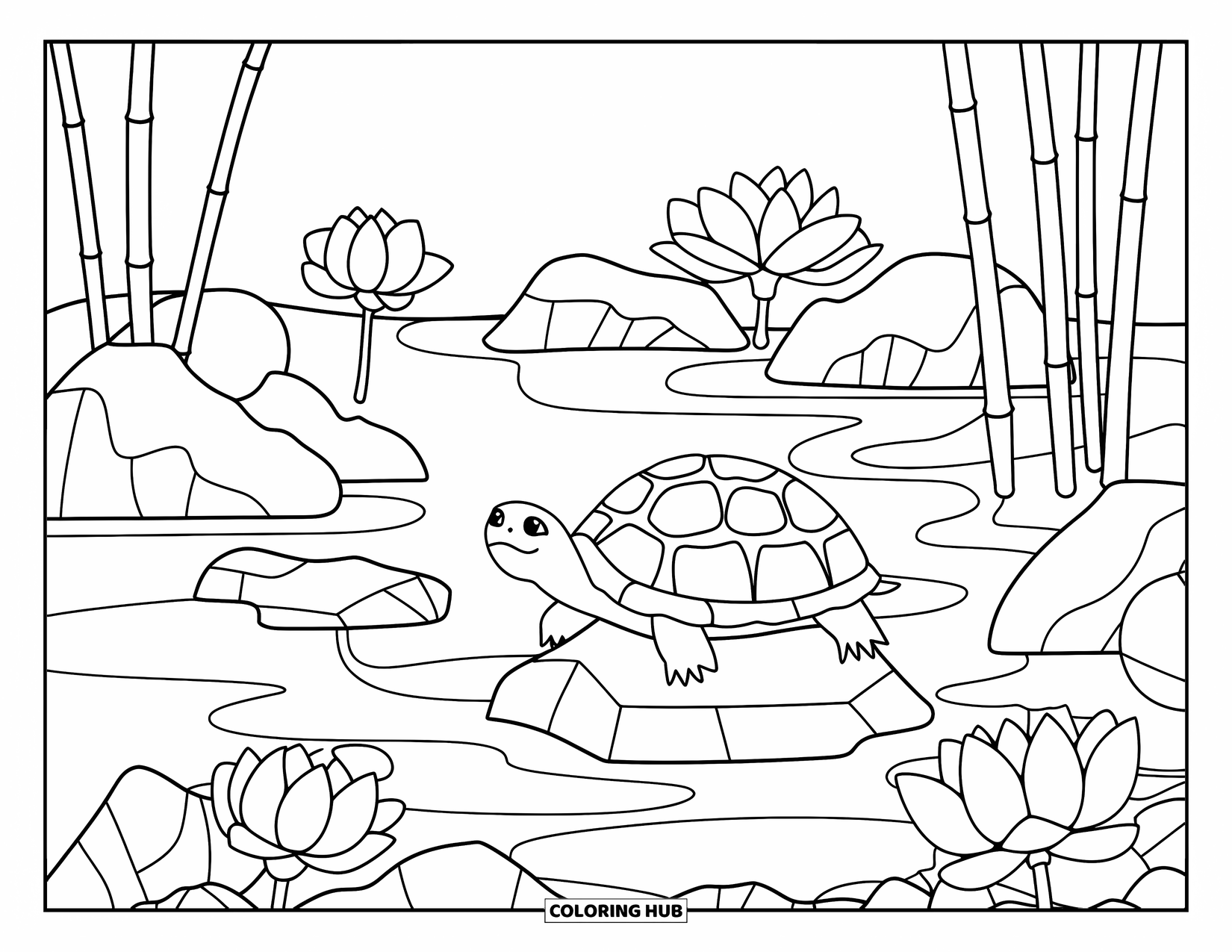 Kolorowanka z żółwiem dla dorosłych: Żółw spoczywa na skale w stawie Zen, z kwiatami lotosu i bambusem w pobliżu