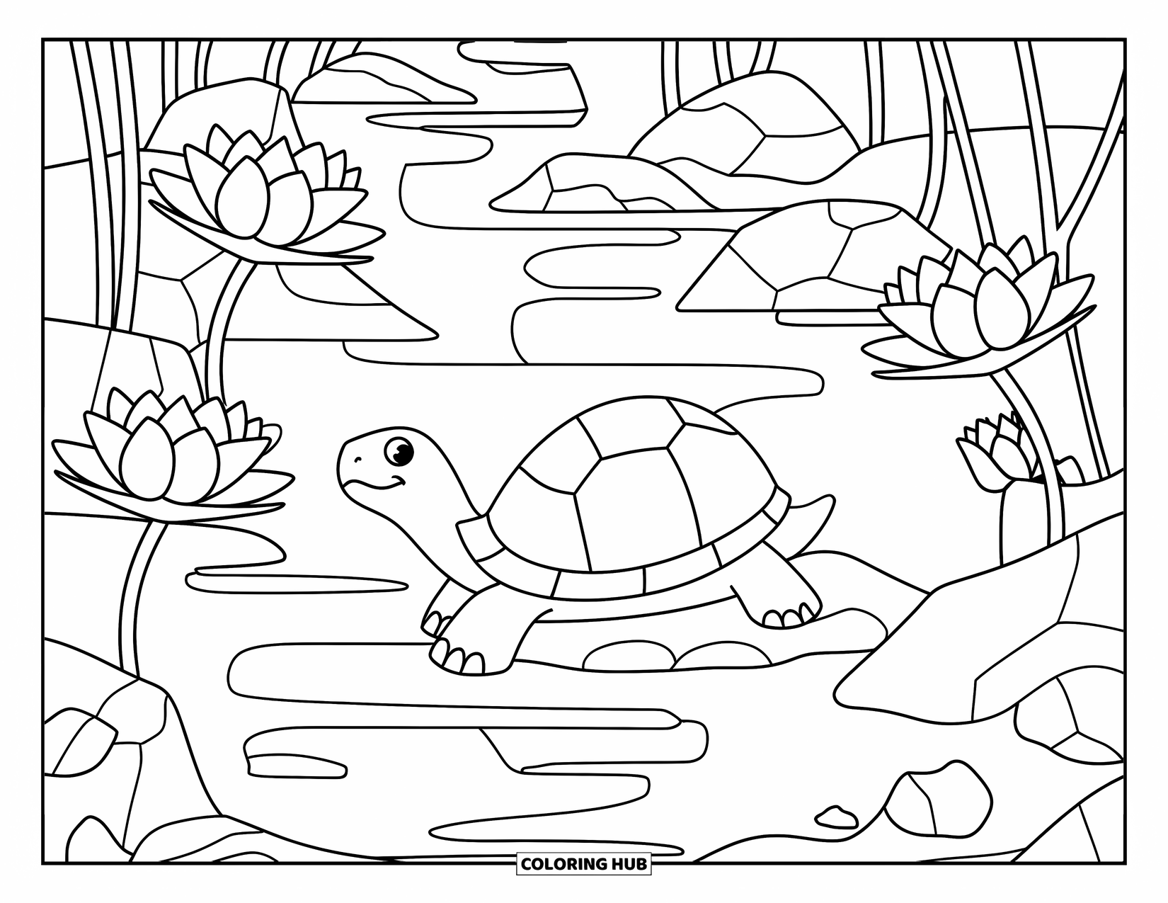 Kolorowanka z żółwiem dla dorosłych: Żółw siedzi wśród kwiatów lotosu w spokojnym stawie z płynącymi strumieniami wody