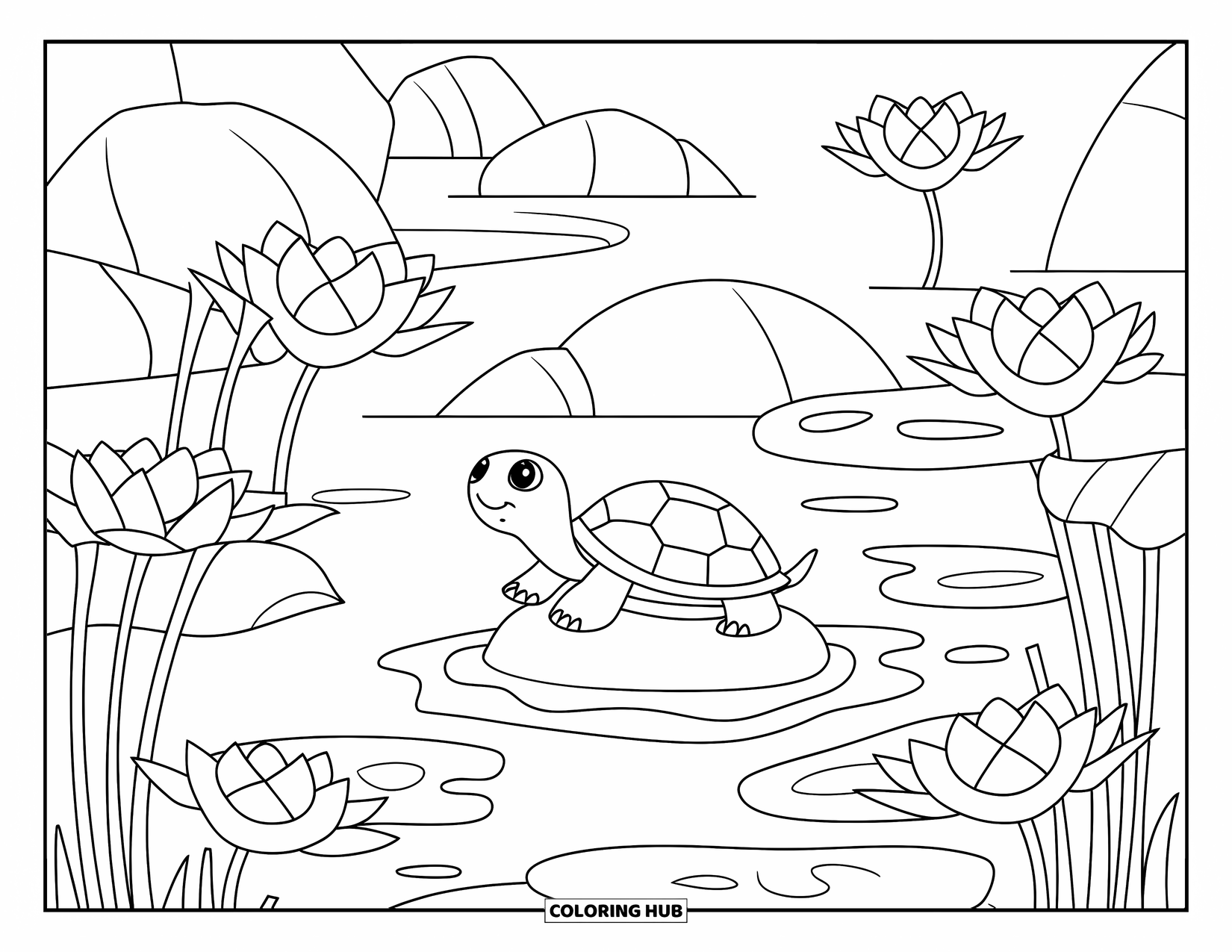 Kolorowanka z żółwiem dla dorosłych: Żółw siedzi spokojnie na skale, otoczony kwiatami lotosu i płynącą wodą