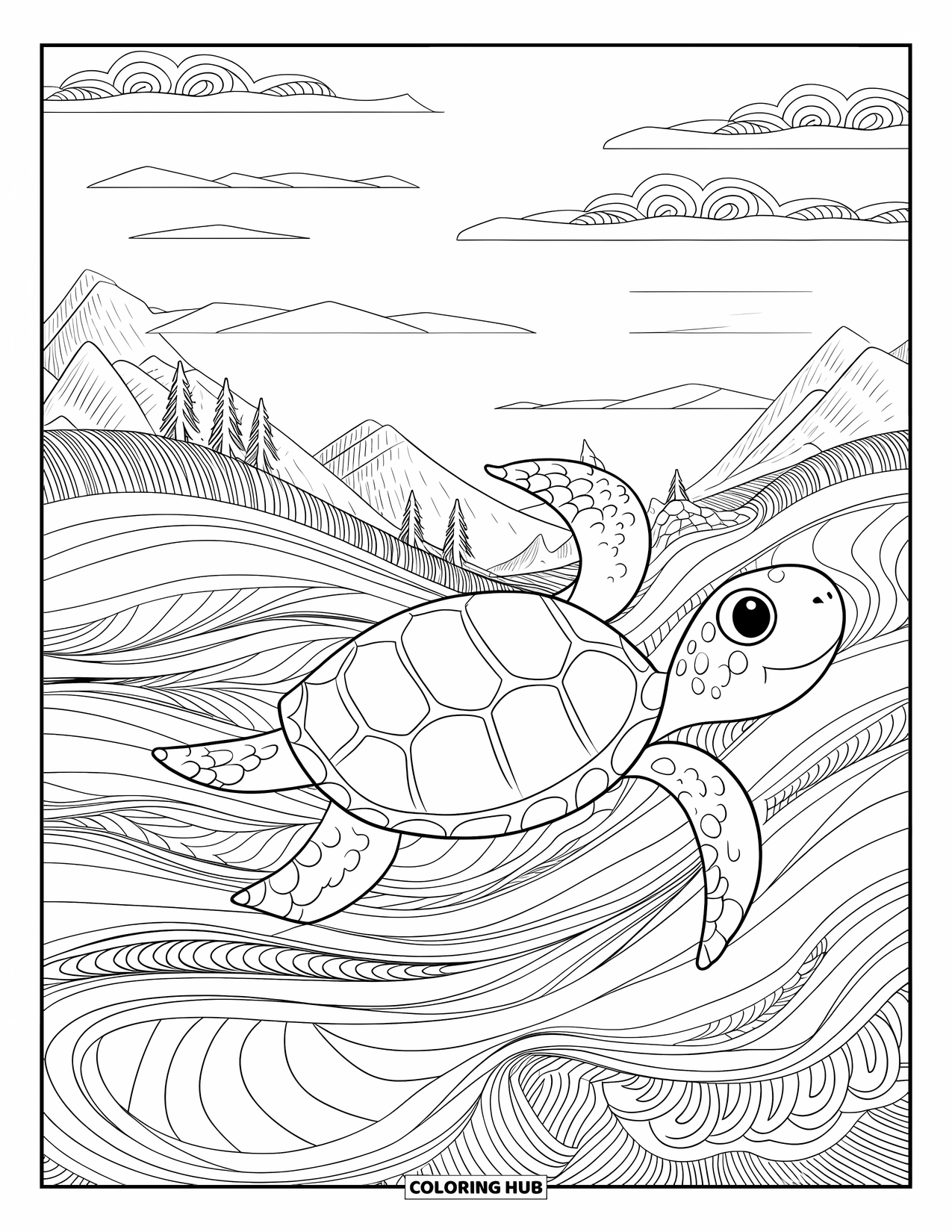 Kolorowanka z żółwiem dla dorosłych: Żółw pływa w mandalopodobnym wzorze płynącej wody i chmur